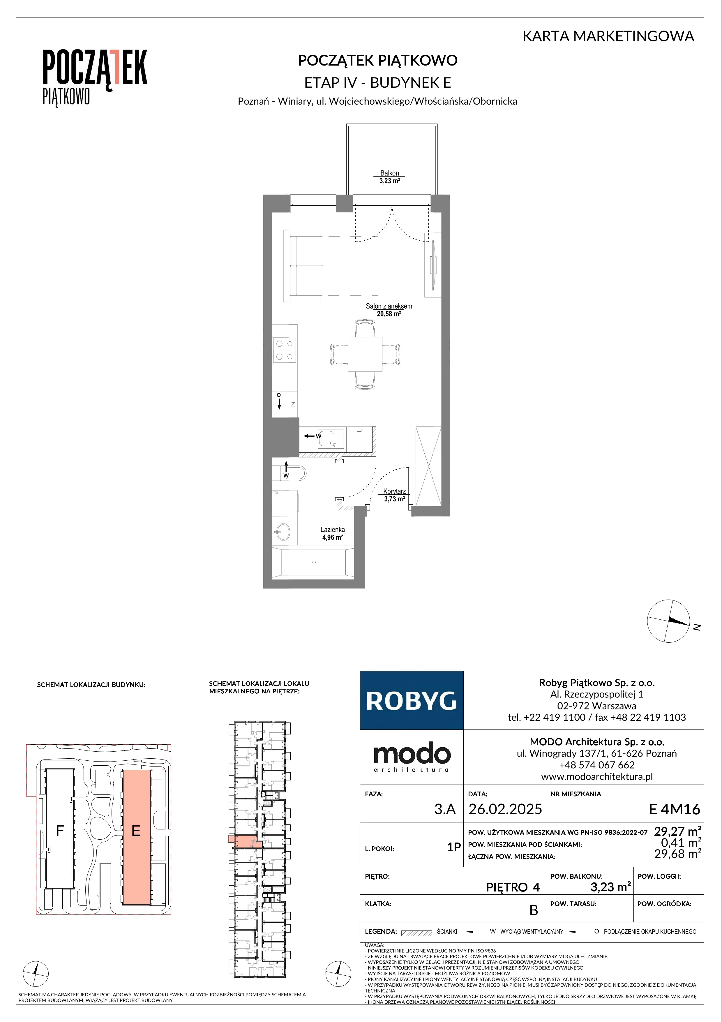 1 pokój, mieszkanie 29,27 m², piętro 4, oferta nr E.4M16, Początek Piątkowo Budynek E, Poznań, Piątkowo, ul. Wojciechowskiego