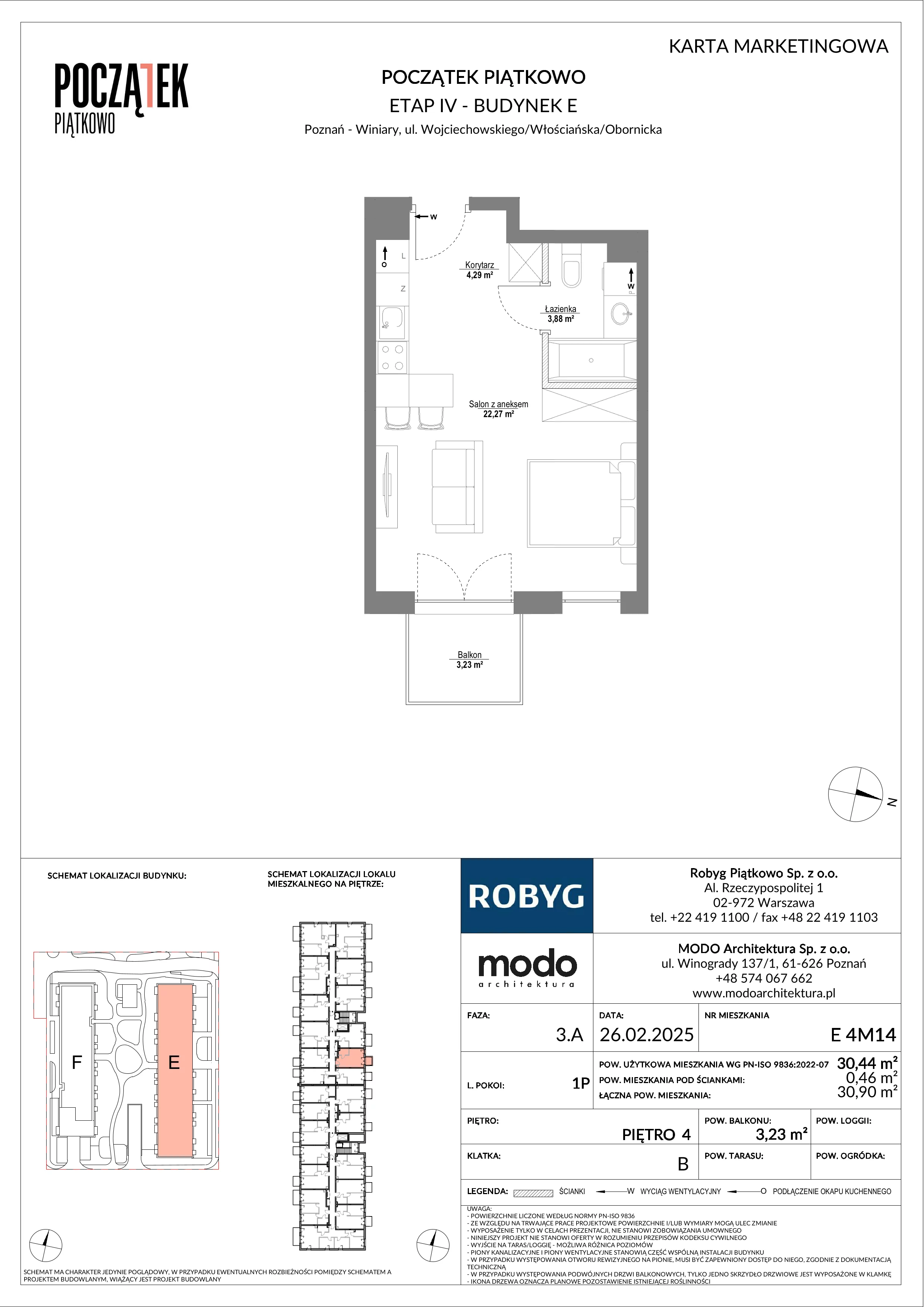 1 pokój, mieszkanie 30,44 m², piętro 4, oferta nr E.4M14, Początek Piątkowo Budynek E, Poznań, Piątkowo, ul. Wojciechowskiego