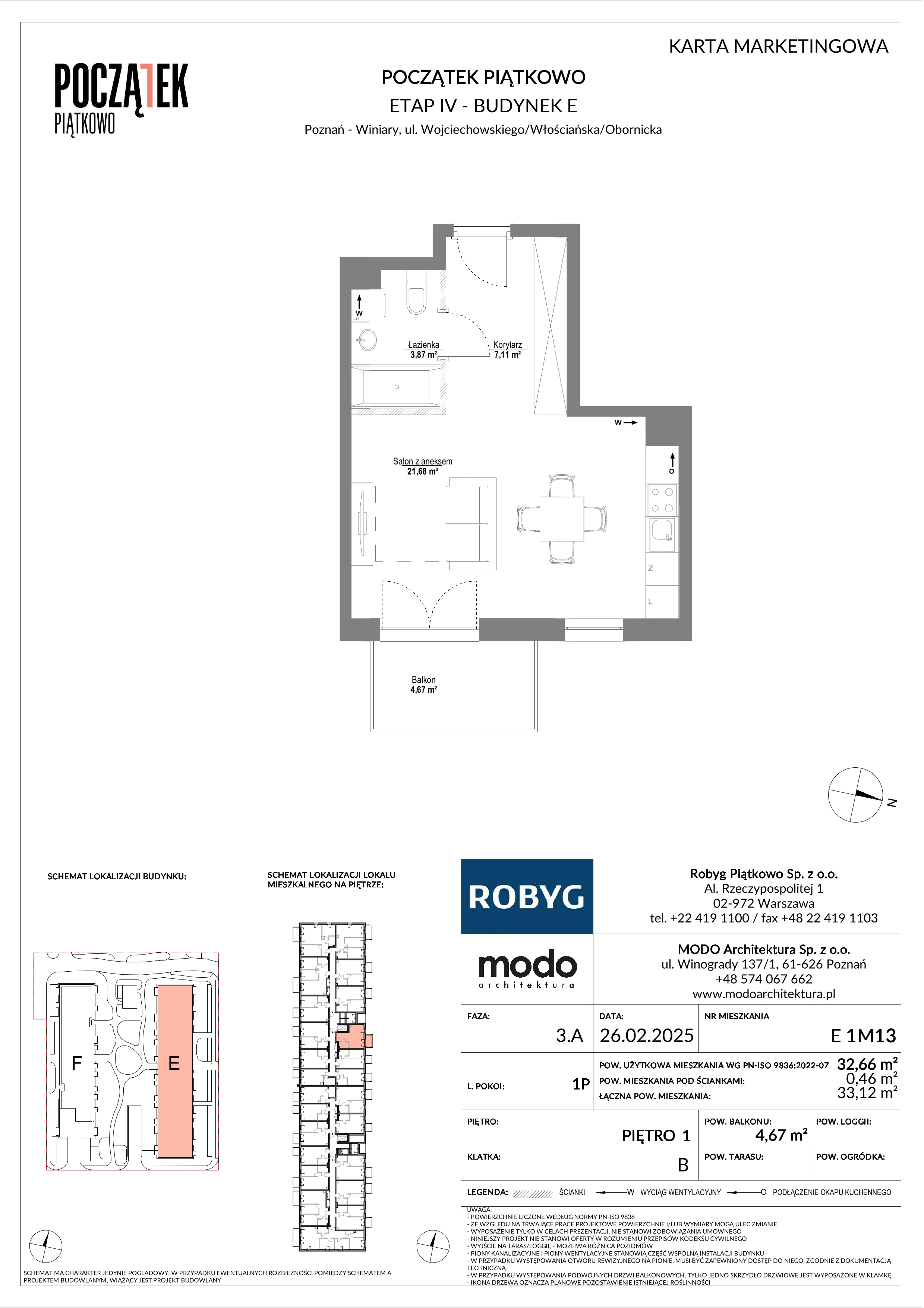 1 pokój, mieszkanie 32,66 m², piętro 1, oferta nr E.1M13, Początek Piątkowo Budynek E, Poznań, Piątkowo, ul. Wojciechowskiego
