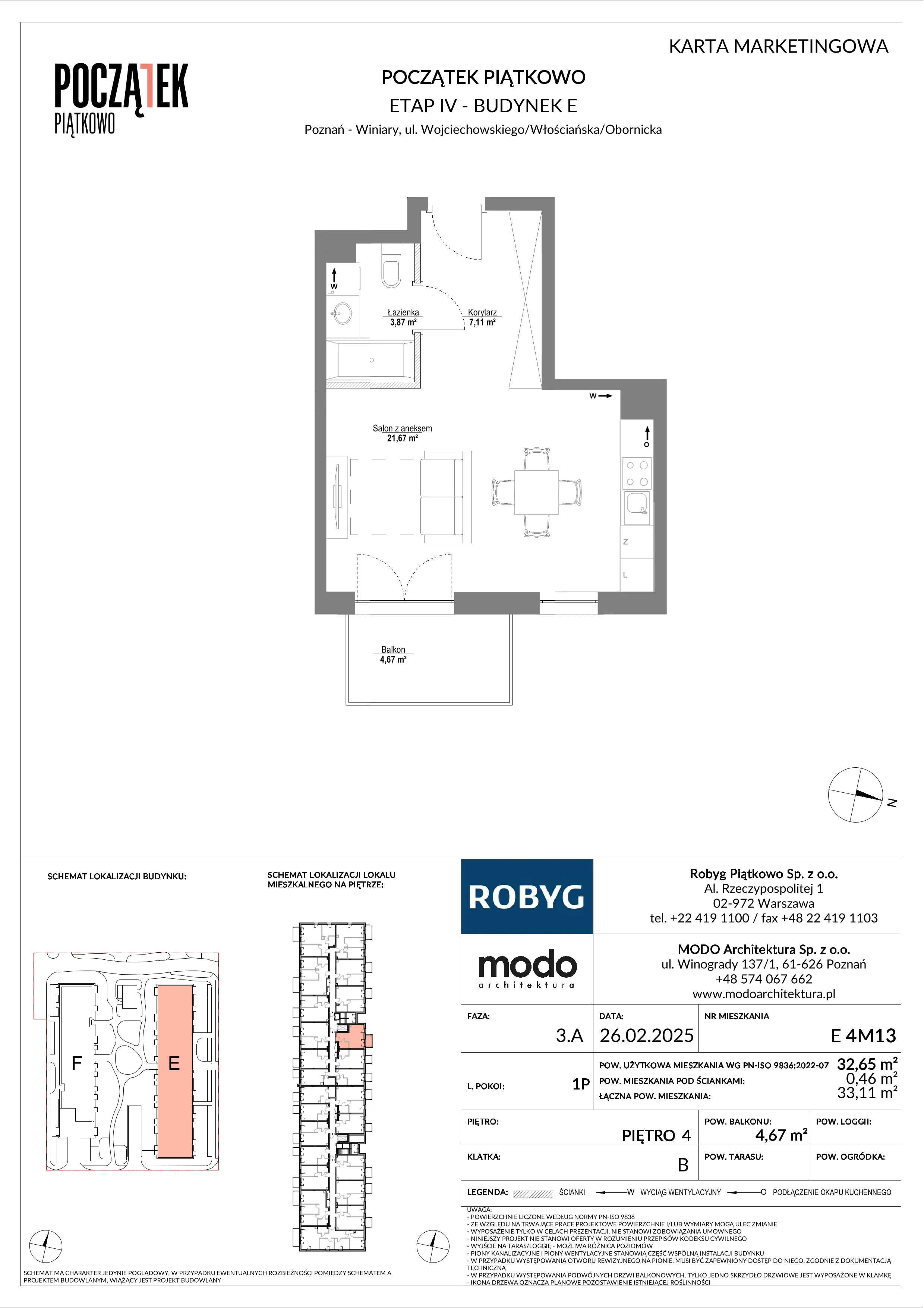 1 pokój, mieszkanie 32,65 m², piętro 4, oferta nr E.4M13, Początek Piątkowo Budynek E, Poznań, Piątkowo, ul. Wojciechowskiego