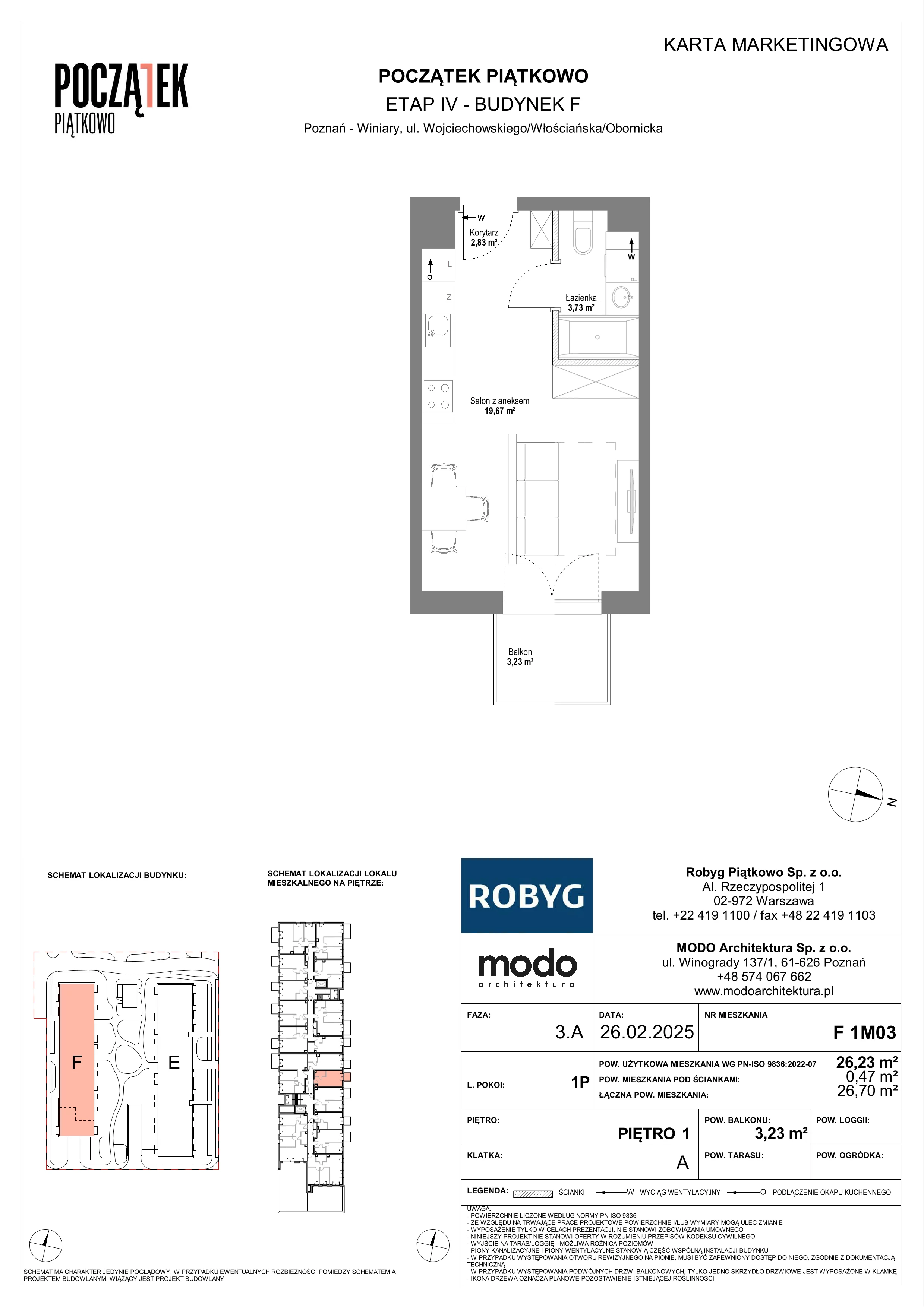 1 pokój, mieszkanie 26,23 m², piętro 1, oferta nr F.1M03, Początek Piątkowo Budynek F, Poznań, Piątkowo, ul. Wojciechowskiego