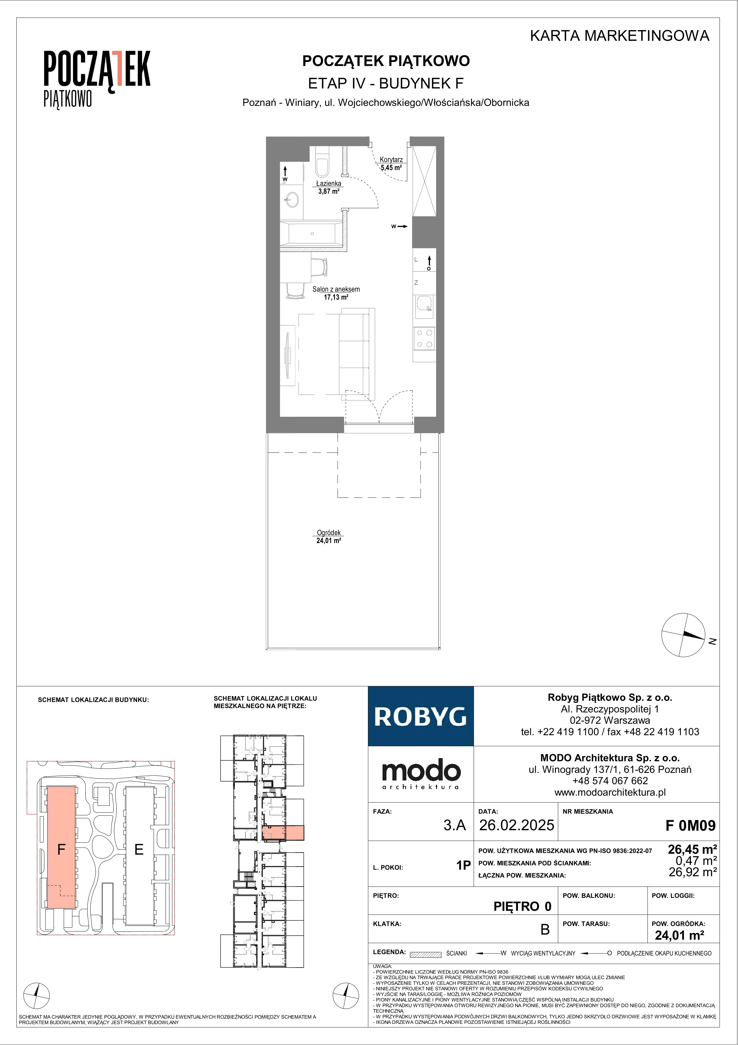 1 pokój, mieszkanie 26,45 m², parter, oferta nr F.0M09, Początek Piątkowo Budynek F, Poznań, Piątkowo, ul. Wojciechowskiego