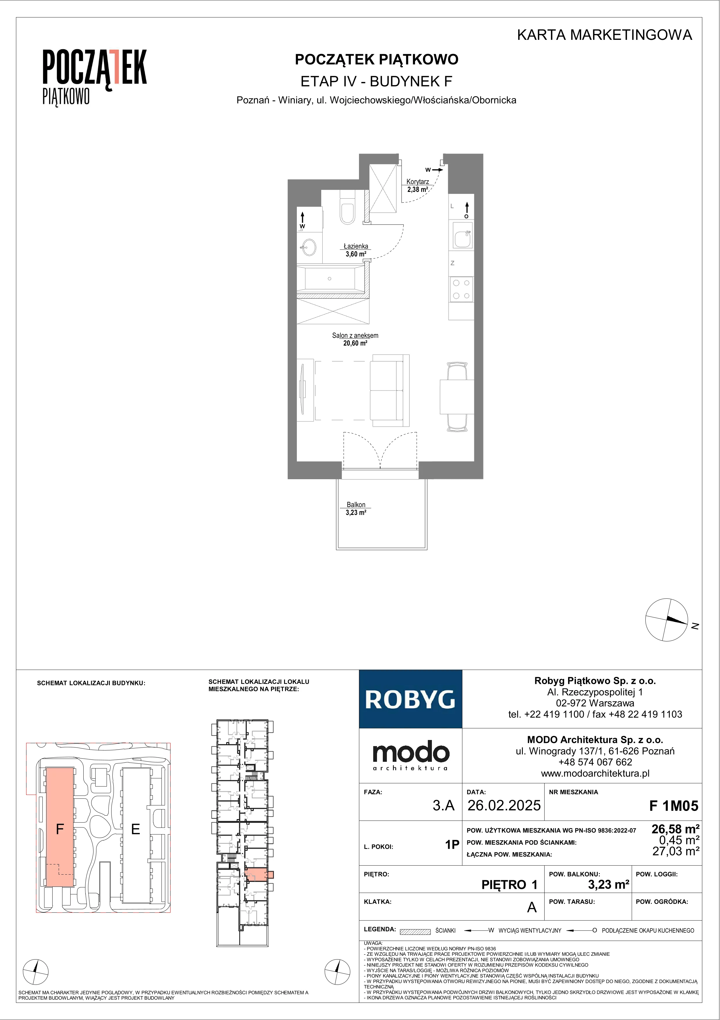 1 pokój, mieszkanie 26,58 m², piętro 1, oferta nr F.1M05, Początek Piątkowo Budynek F, Poznań, Piątkowo, ul. Wojciechowskiego