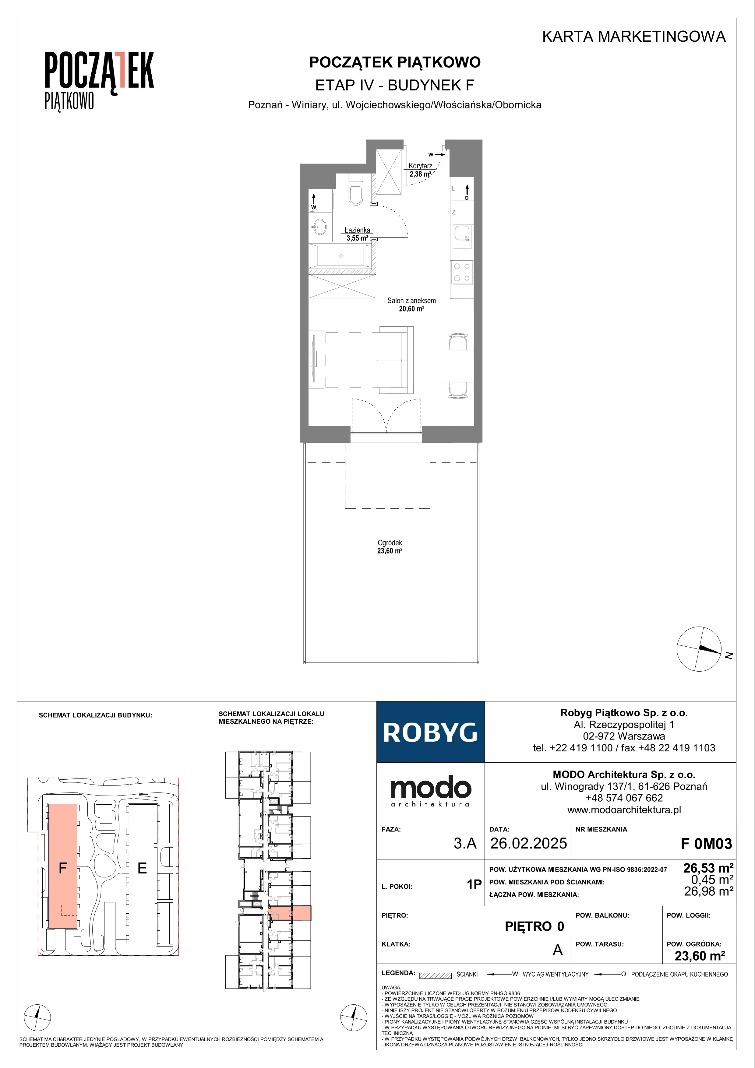 1 pokój, mieszkanie 26,53 m², parter, oferta nr F.0M03, Początek Piątkowo Budynek F, Poznań, Piątkowo, ul. Wojciechowskiego