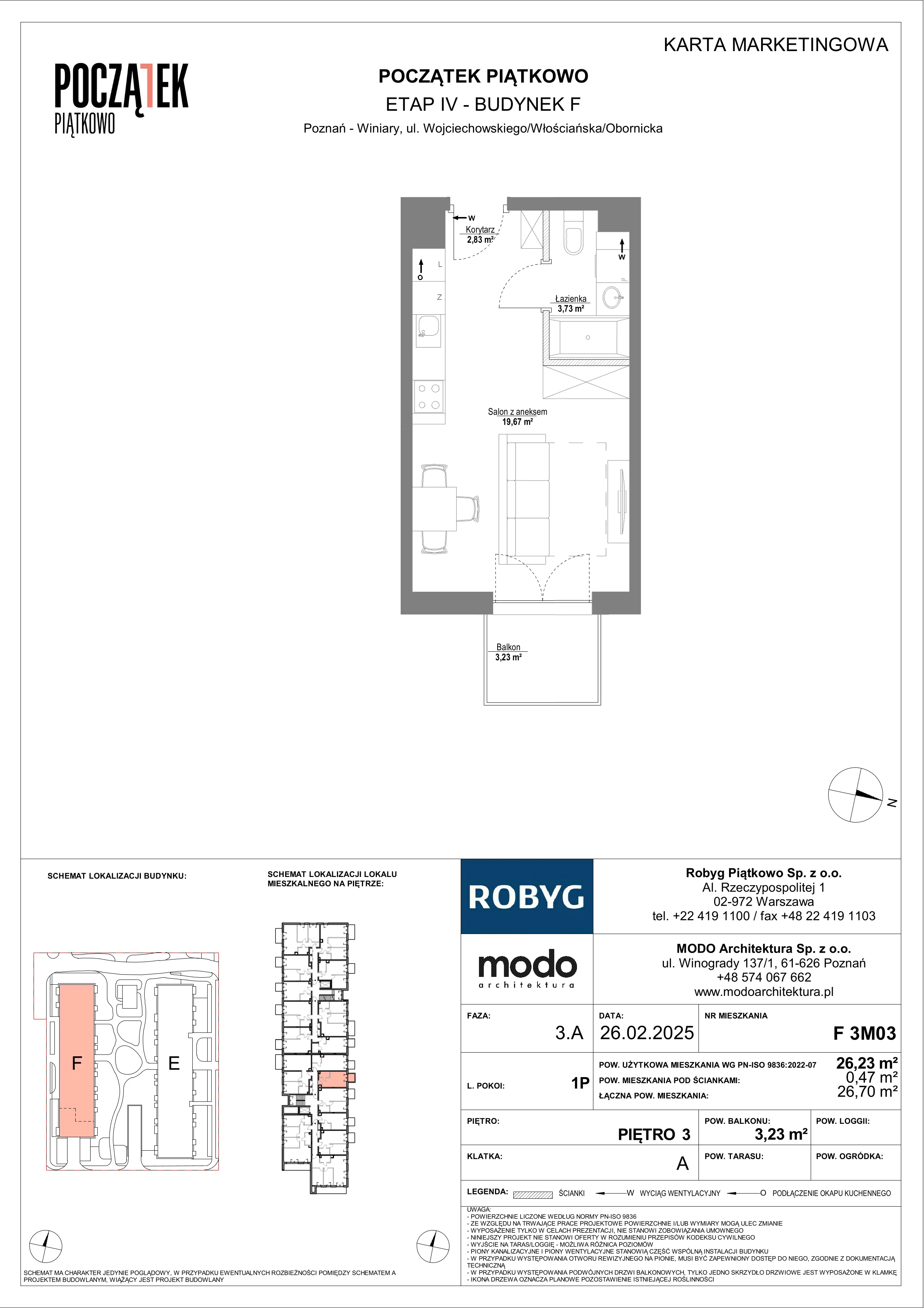 1 pokój, mieszkanie 26,23 m², piętro 3, oferta nr F.3M03, Początek Piątkowo Budynek F, Poznań, Piątkowo, ul. Wojciechowskiego