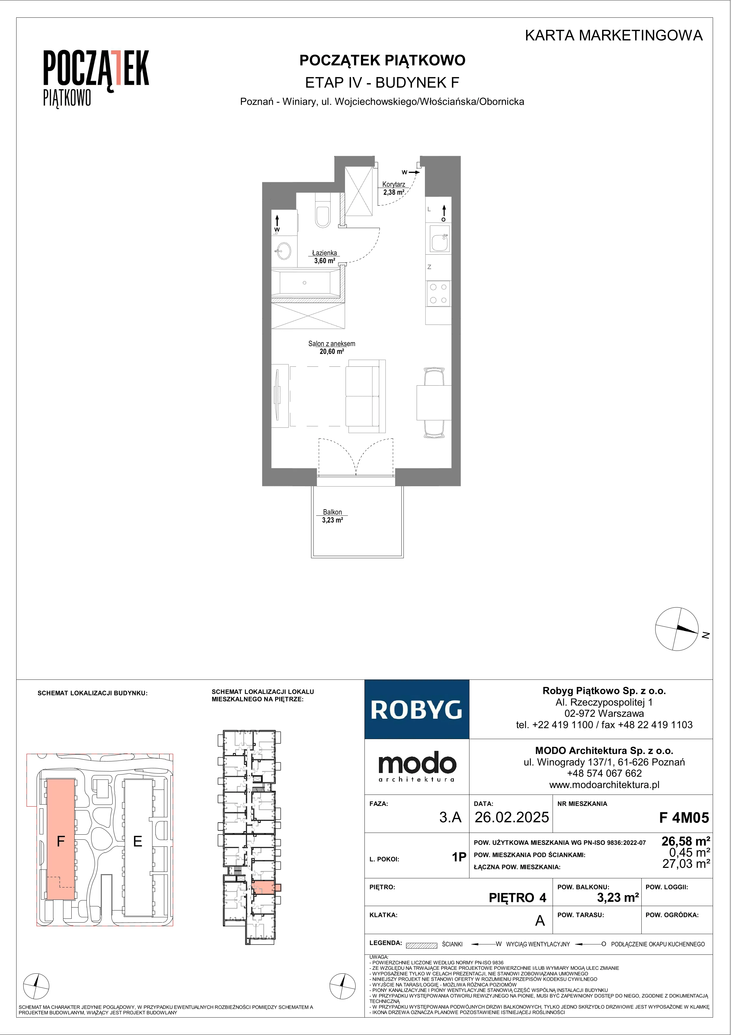 1 pokój, mieszkanie 26,58 m², piętro 4, oferta nr F.4M05, Początek Piątkowo Budynek F, Poznań, Piątkowo, ul. Wojciechowskiego