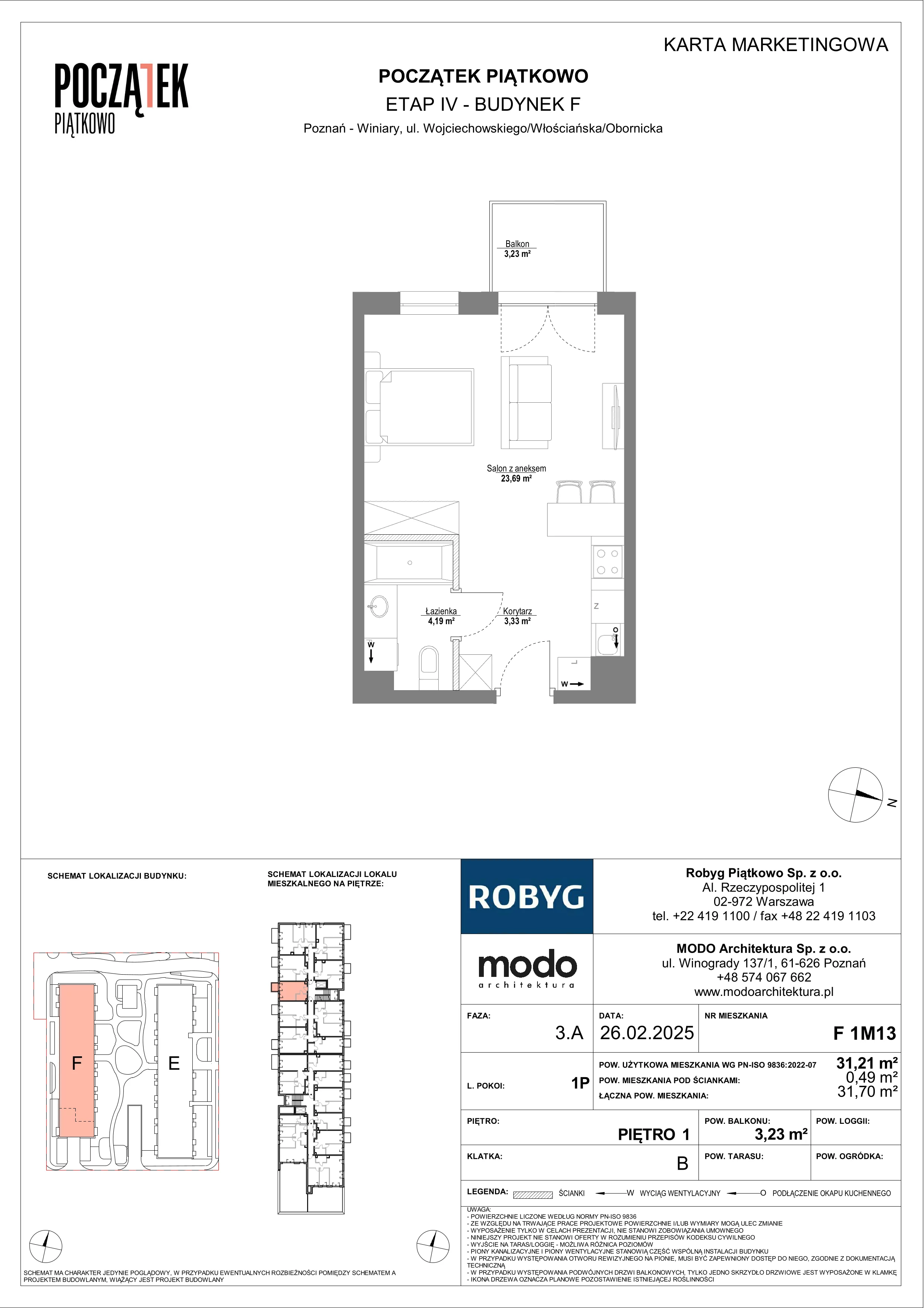 1 pokój, mieszkanie 31,21 m², piętro 1, oferta nr F.1M13, Początek Piątkowo Budynek F, Poznań, Piątkowo, ul. Wojciechowskiego