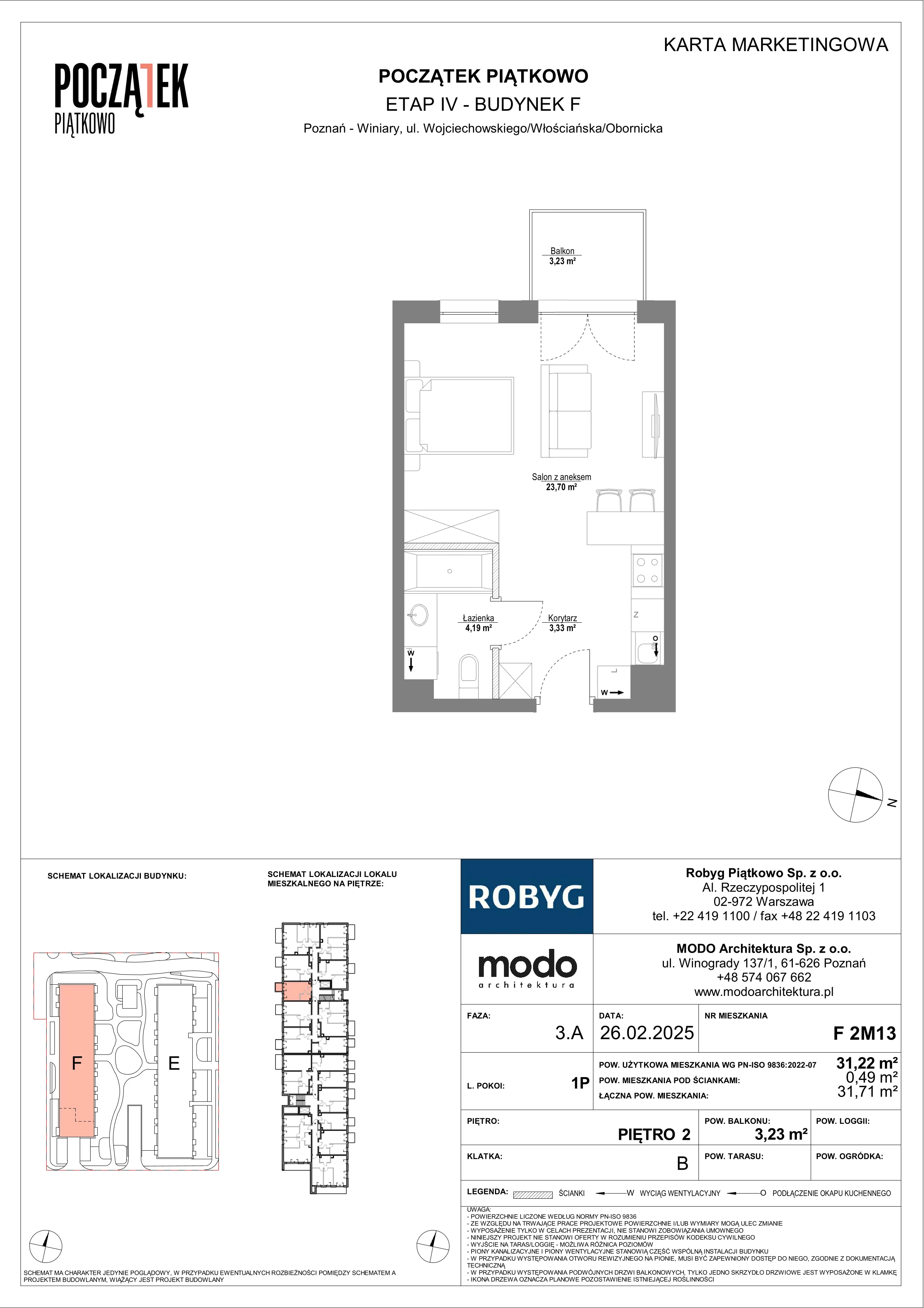 1 pokój, mieszkanie 31,22 m², piętro 2, oferta nr F.2M13, Początek Piątkowo Budynek F, Poznań, Piątkowo, ul. Wojciechowskiego
