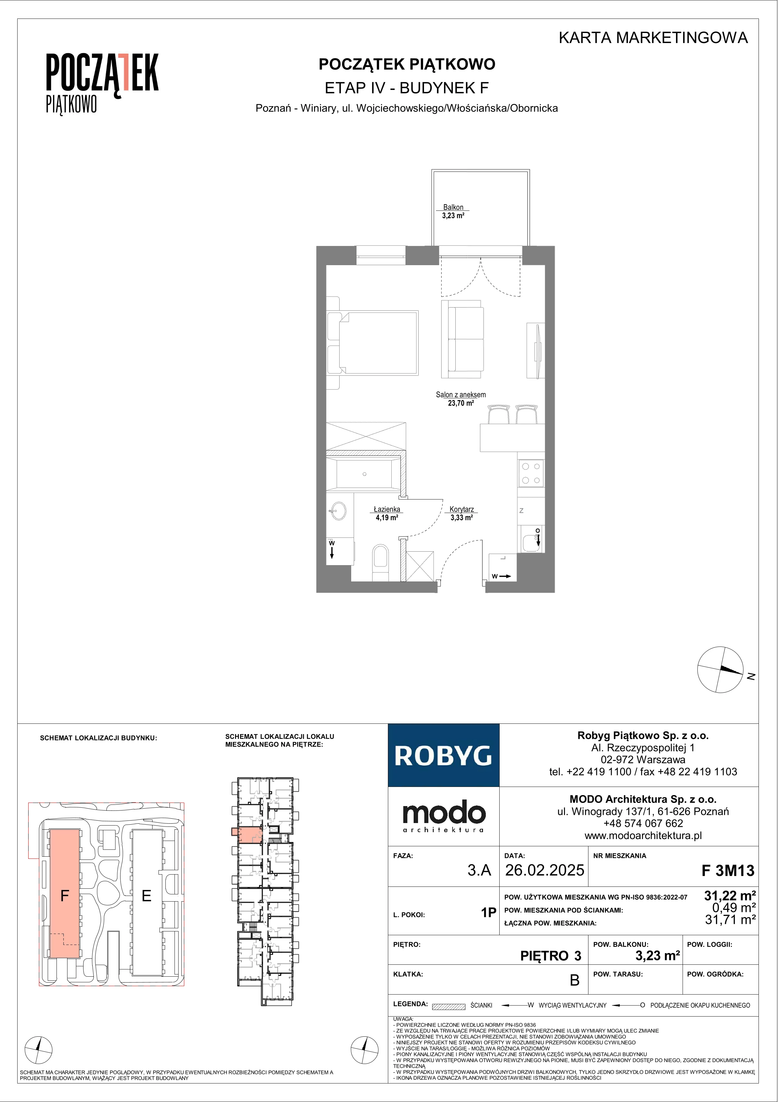 1 pokój, mieszkanie 31,22 m², piętro 3, oferta nr F.3M13, Początek Piątkowo Budynek F, Poznań, Piątkowo, ul. Wojciechowskiego