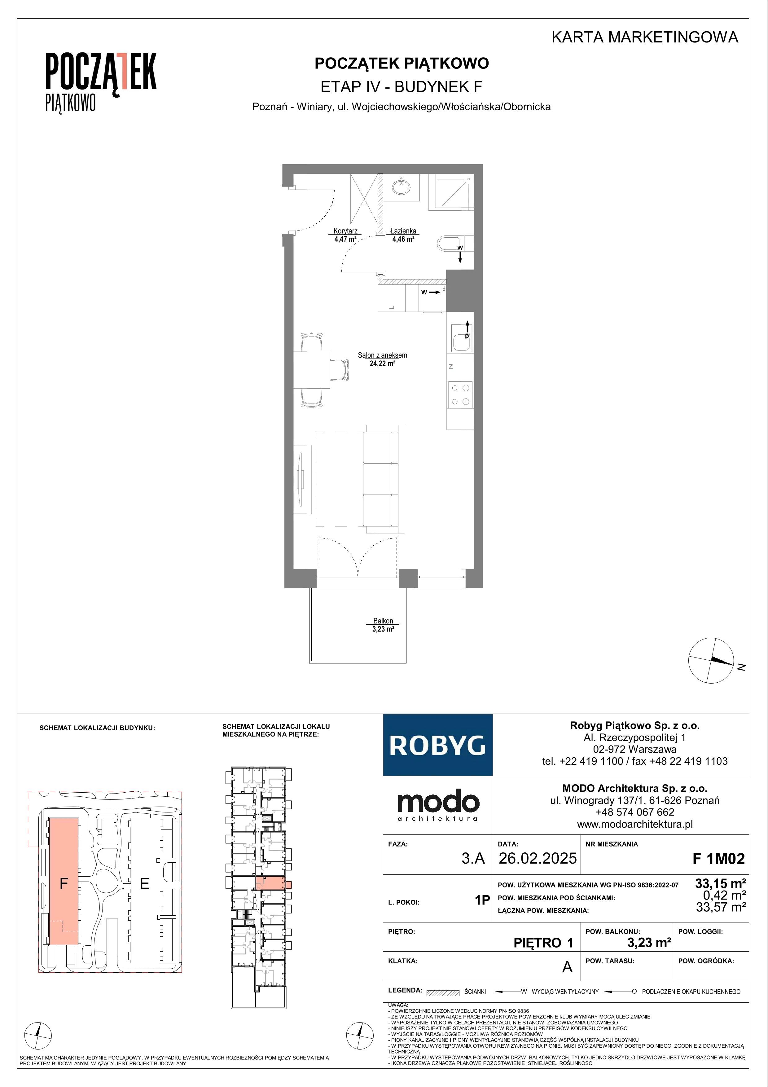 1 pokój, mieszkanie 33,15 m², piętro 1, oferta nr F.1M02, Początek Piątkowo Budynek F, Poznań, Piątkowo, ul. Wojciechowskiego