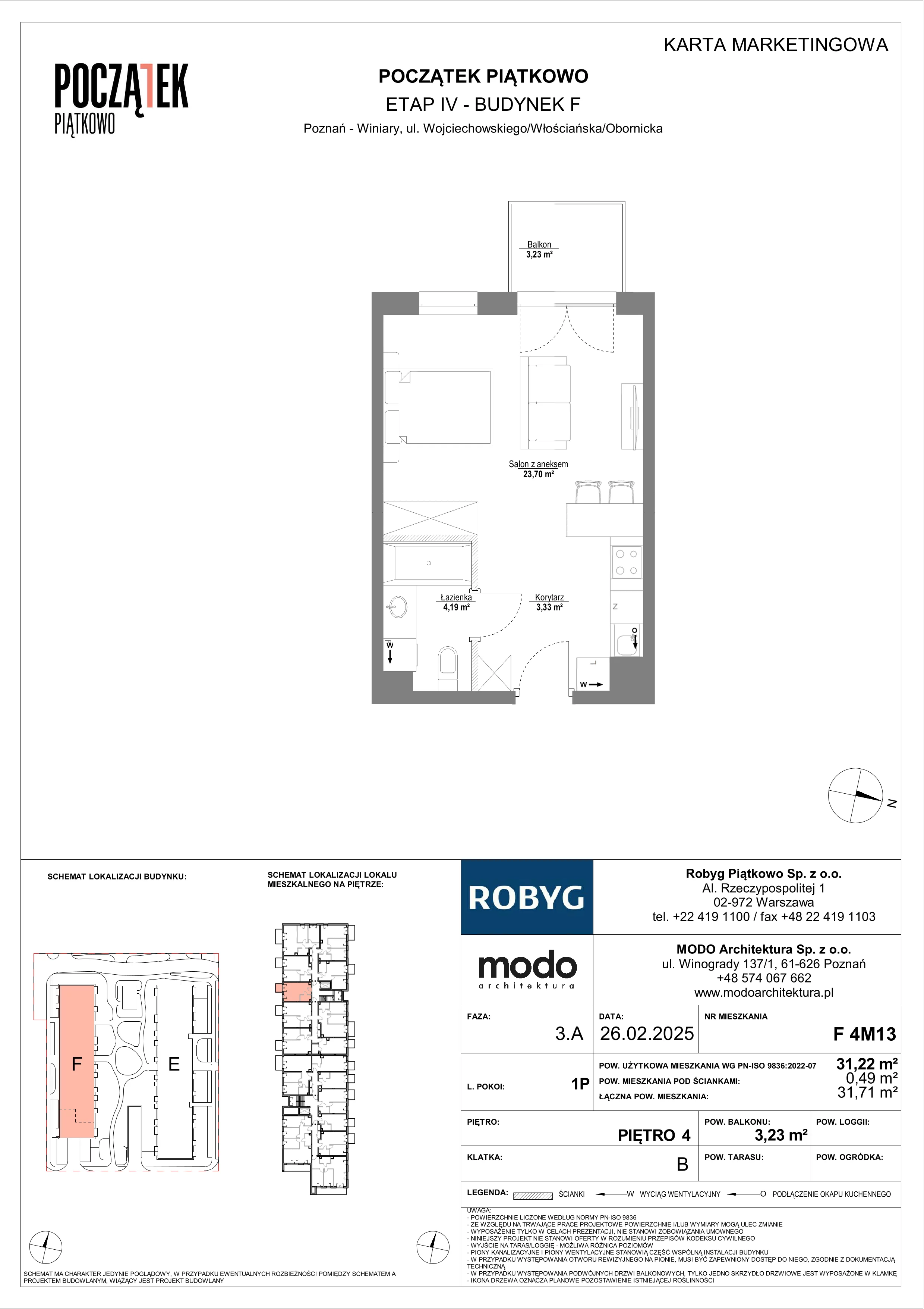 1 pokój, mieszkanie 31,22 m², piętro 4, oferta nr F.4M13, Początek Piątkowo Budynek F, Poznań, Piątkowo, ul. Wojciechowskiego