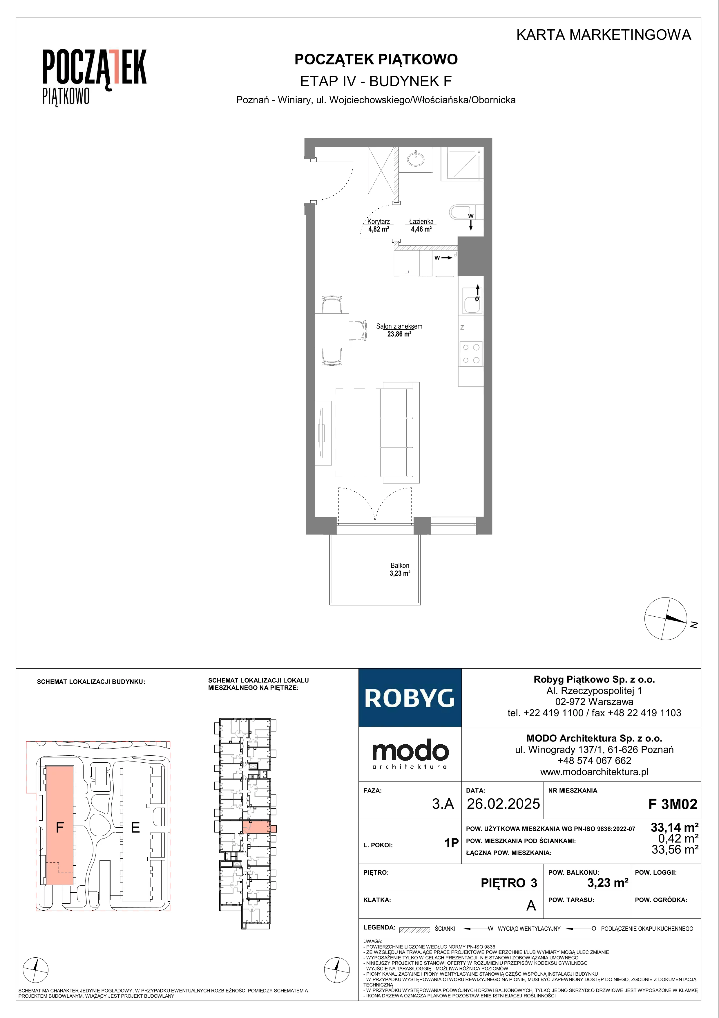 1 pokój, mieszkanie 33,14 m², piętro 3, oferta nr F.3M02, Początek Piątkowo Budynek F, Poznań, Piątkowo, ul. Wojciechowskiego