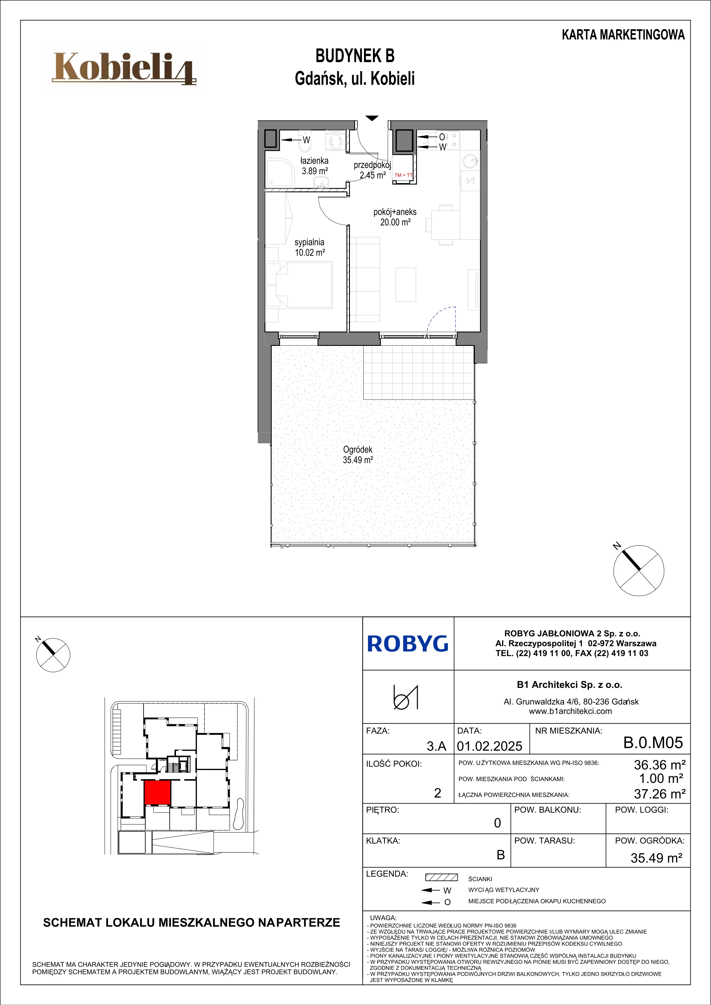 2 pokoje, mieszkanie 36,36 m², parter, oferta nr B.0M05, KOBIELI 4, Gdańsk, Brzeźno, ul. Bogumiła Kobieli / Gdańska