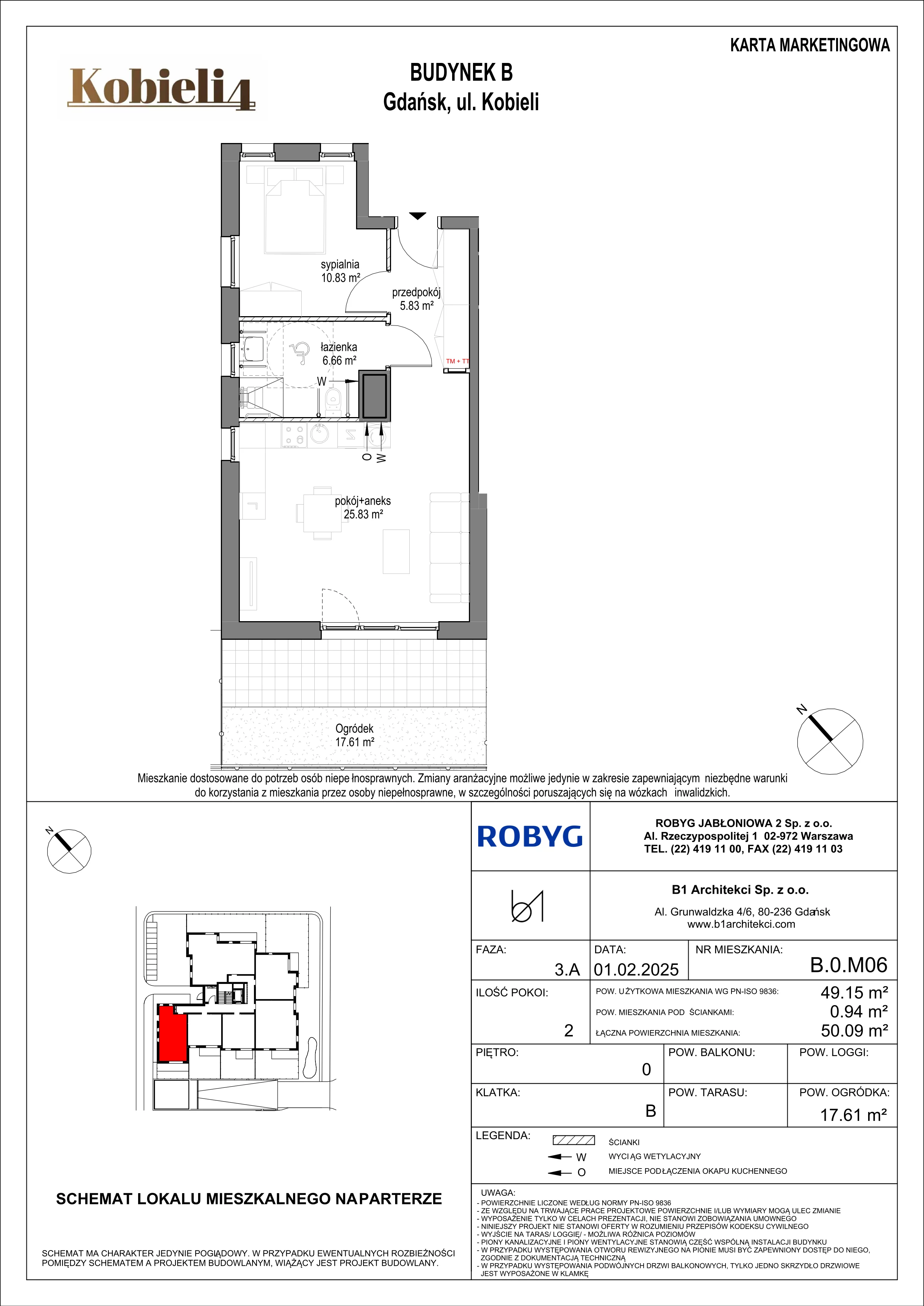 2 pokoje, mieszkanie 49,15 m², parter, oferta nr B.0M06, KOBIELI 4, Gdańsk, Brzeźno, ul. Bogumiła Kobieli / Gdańska