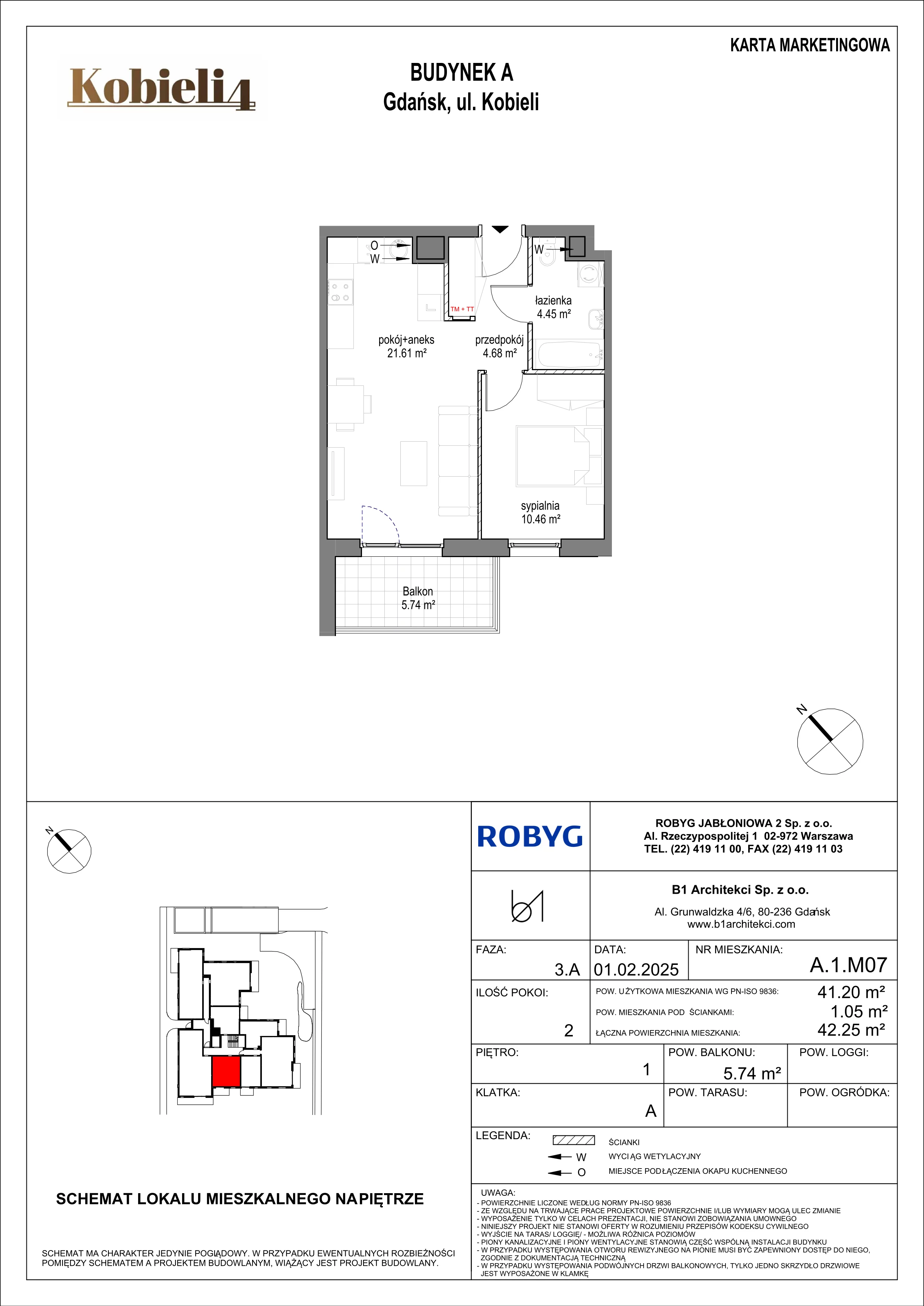 2 pokoje, mieszkanie 41,20 m², piętro 1, oferta nr A.1M07, KOBIELI 4, Gdańsk, Brzeźno, ul. Bogumiła Kobieli / Gdańska