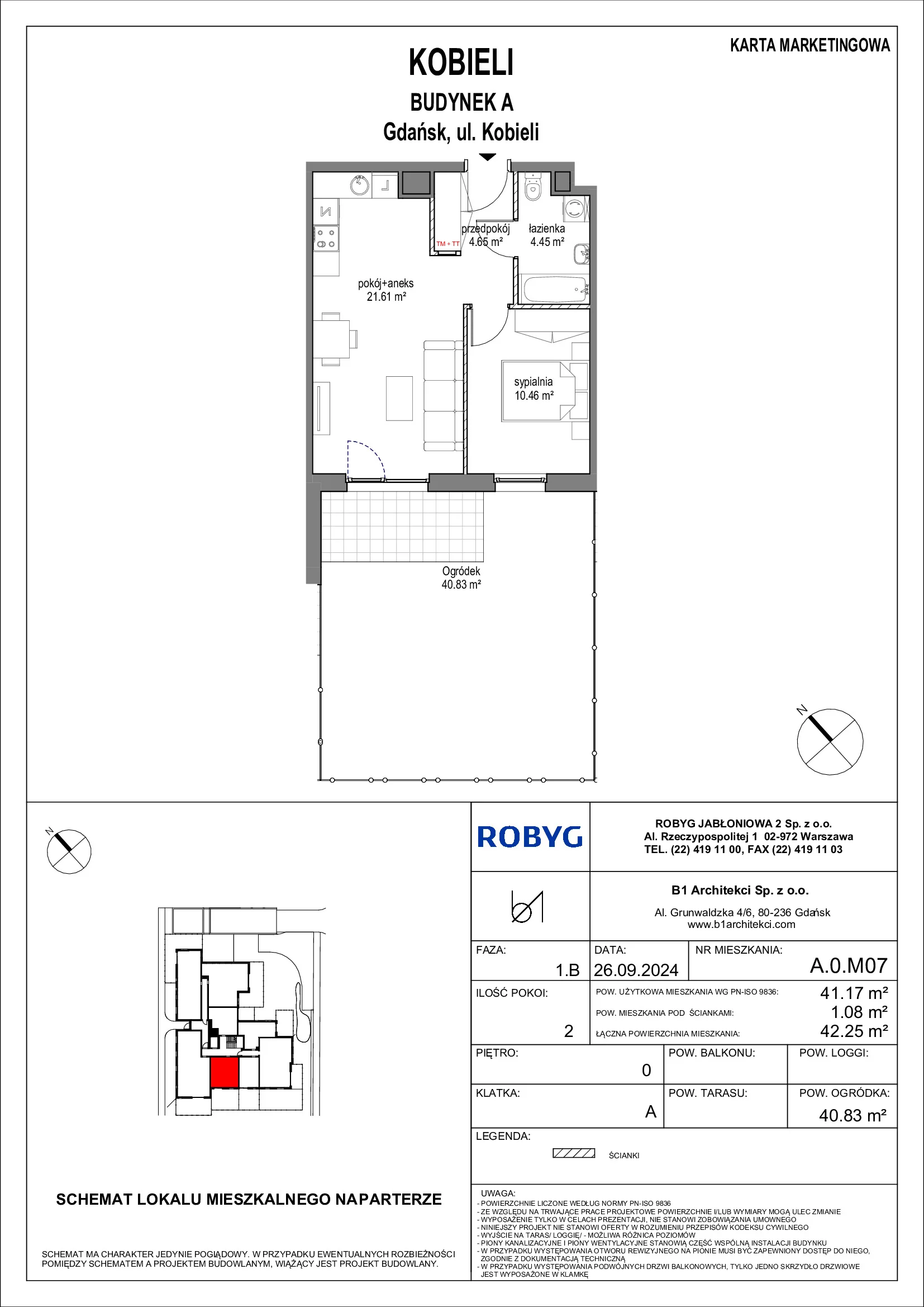 Mieszkanie 41,17 m², parter, oferta nr A.0M07, KOBIELI 4, Gdańsk, Brzeźno, ul. Bogumiła Kobieli / Gdańska