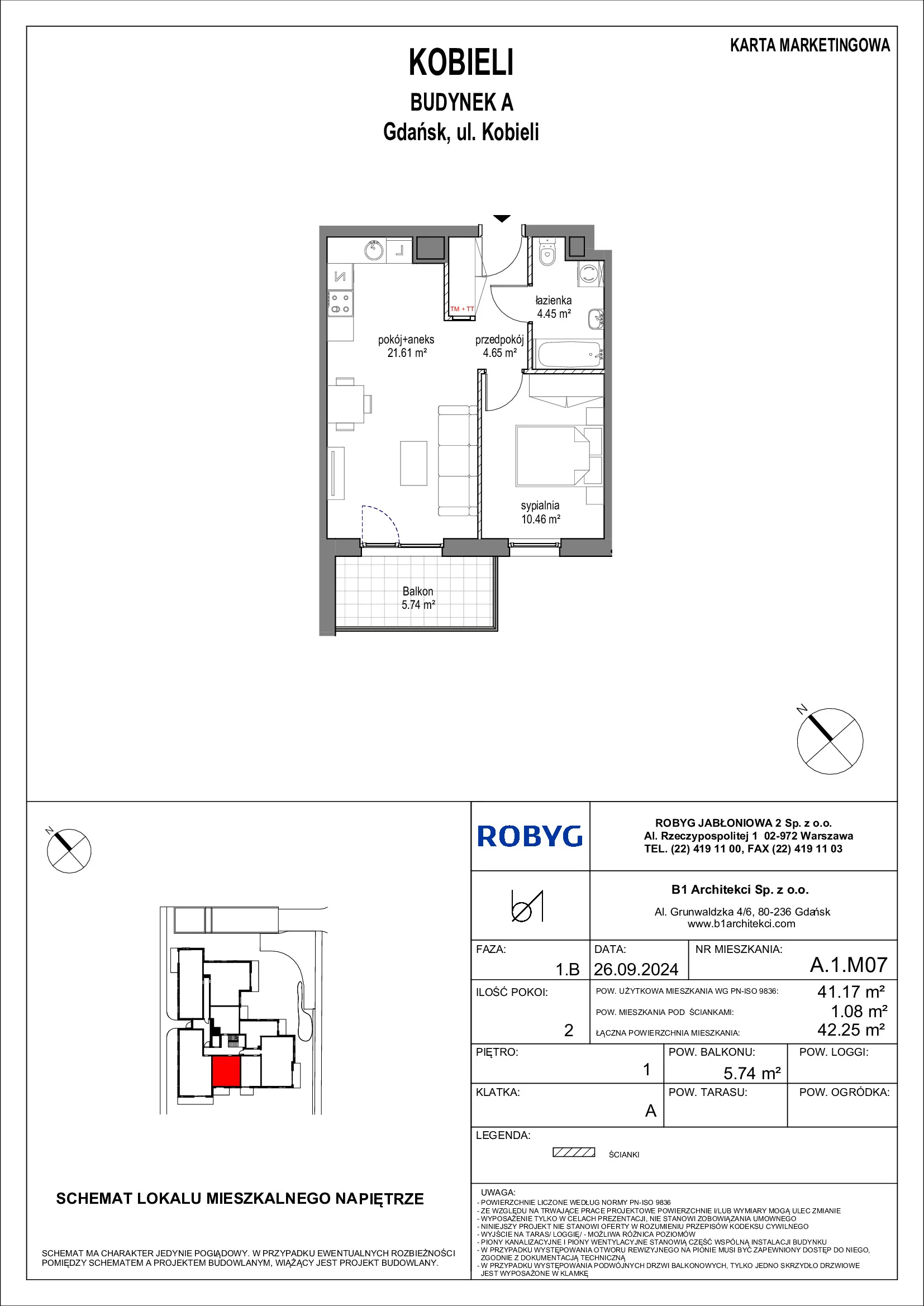 Mieszkanie 41,17 m², piętro 1, oferta nr A.1M07, KOBIELI 4, Gdańsk, Brzeźno, ul. Bogumiła Kobieli / Gdańska