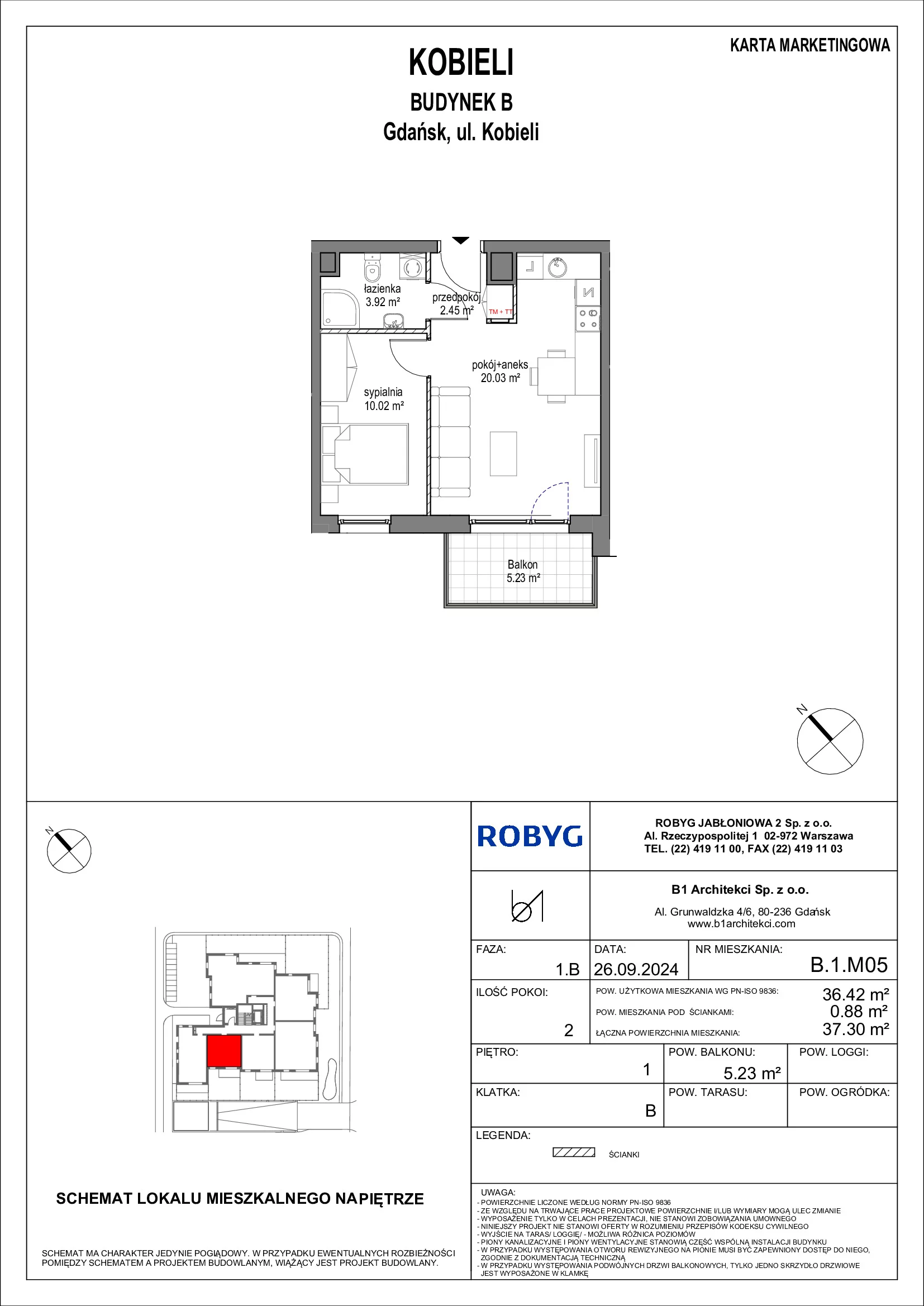 Mieszkanie 36,42 m², piętro 1, oferta nr B.1M05, KOBIELI 4, Gdańsk, Brzeźno, ul. Bogumiła Kobieli / Gdańska