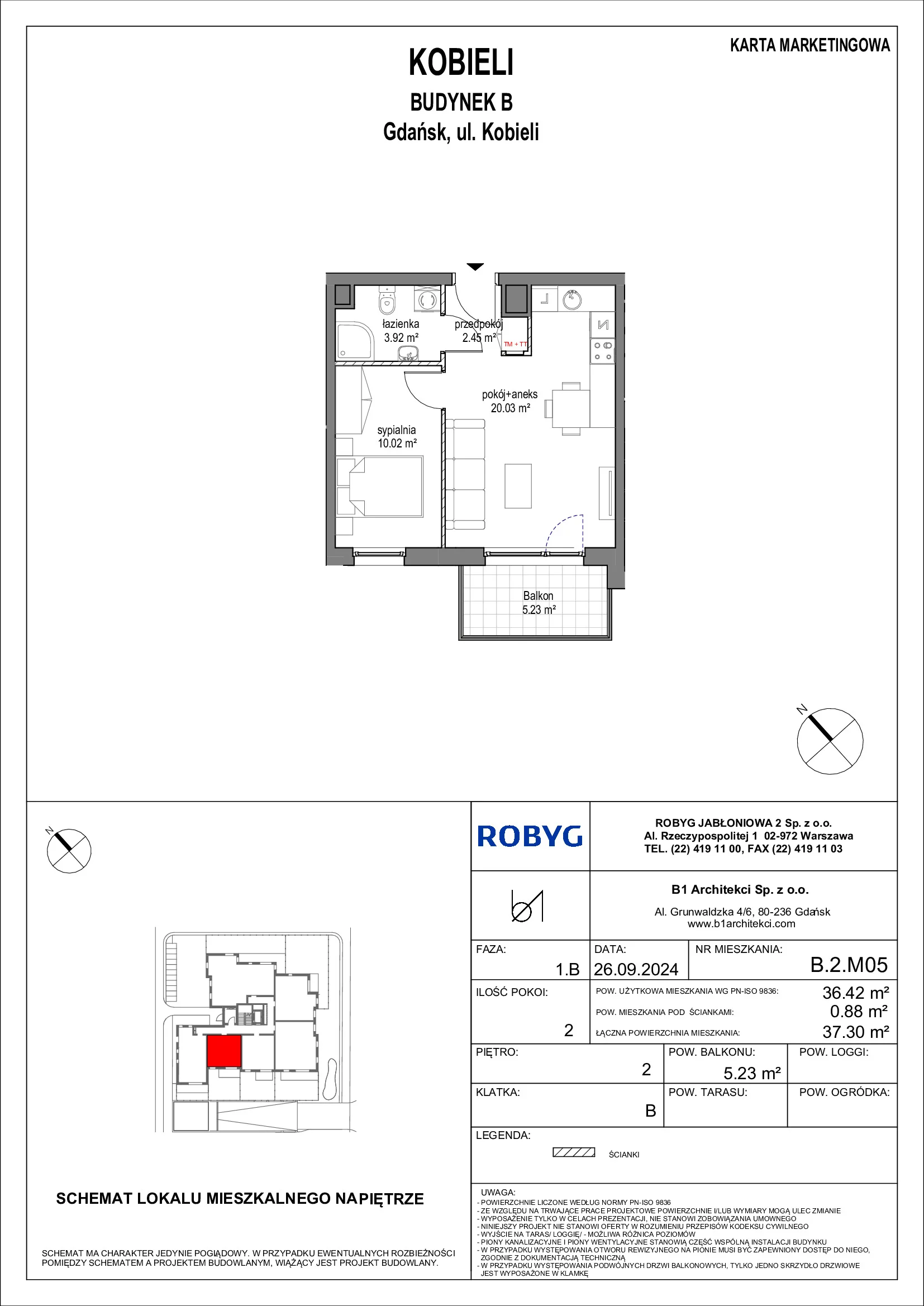 Mieszkanie 36,42 m², piętro 2, oferta nr B.2M05, KOBIELI 4, Gdańsk, Brzeźno, ul. Bogumiła Kobieli / Gdańska