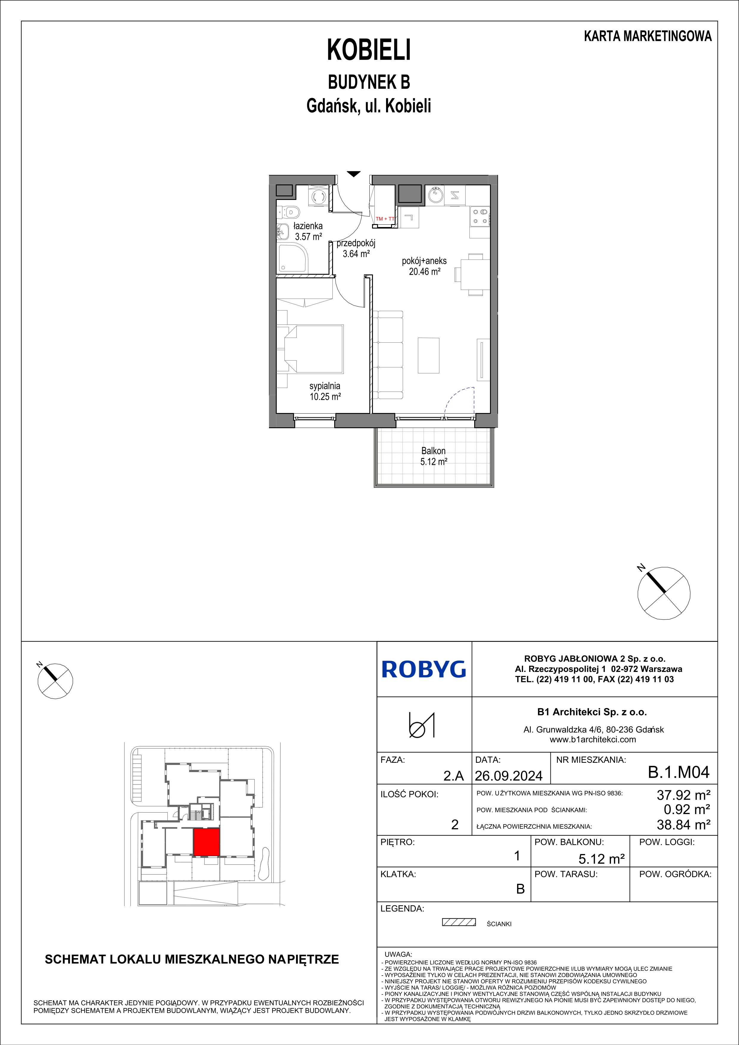 2 pokoje, mieszkanie 37,92 m², piętro 1, oferta nr B.1M04, KOBIELI 4, Gdańsk, Brzeźno, ul. Bogumiła Kobieli / Gdańska