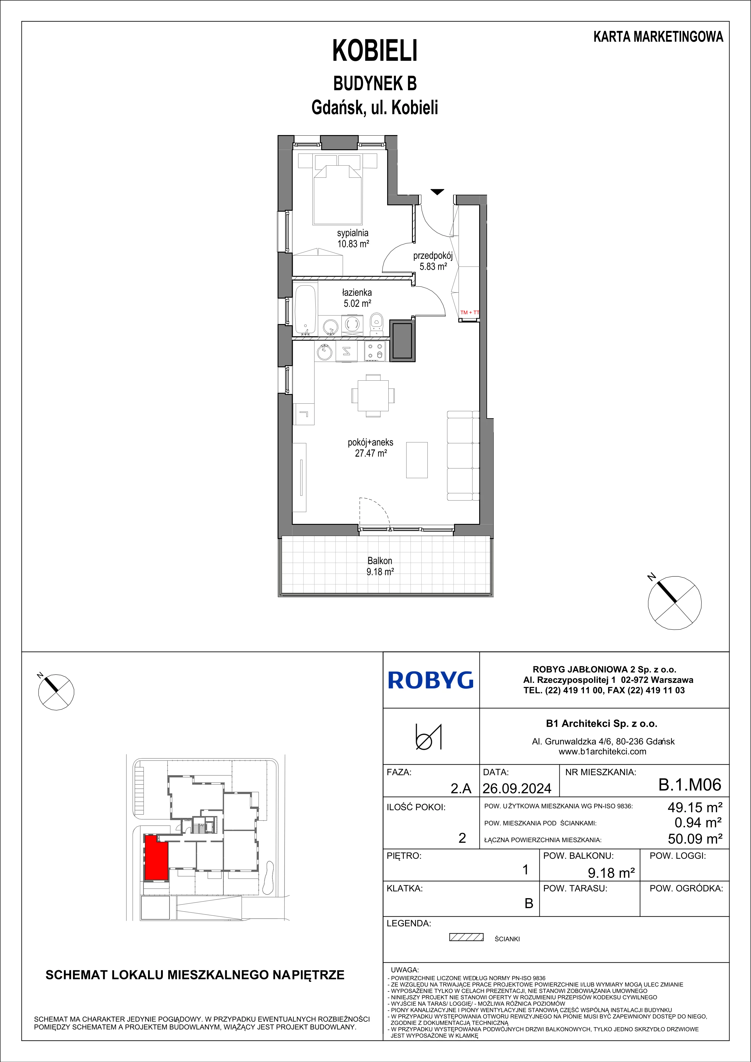2 pokoje, mieszkanie 49,15 m², piętro 1, oferta nr B.1M06, KOBIELI 4, Gdańsk, Brzeźno, ul. Bogumiła Kobieli / Gdańska
