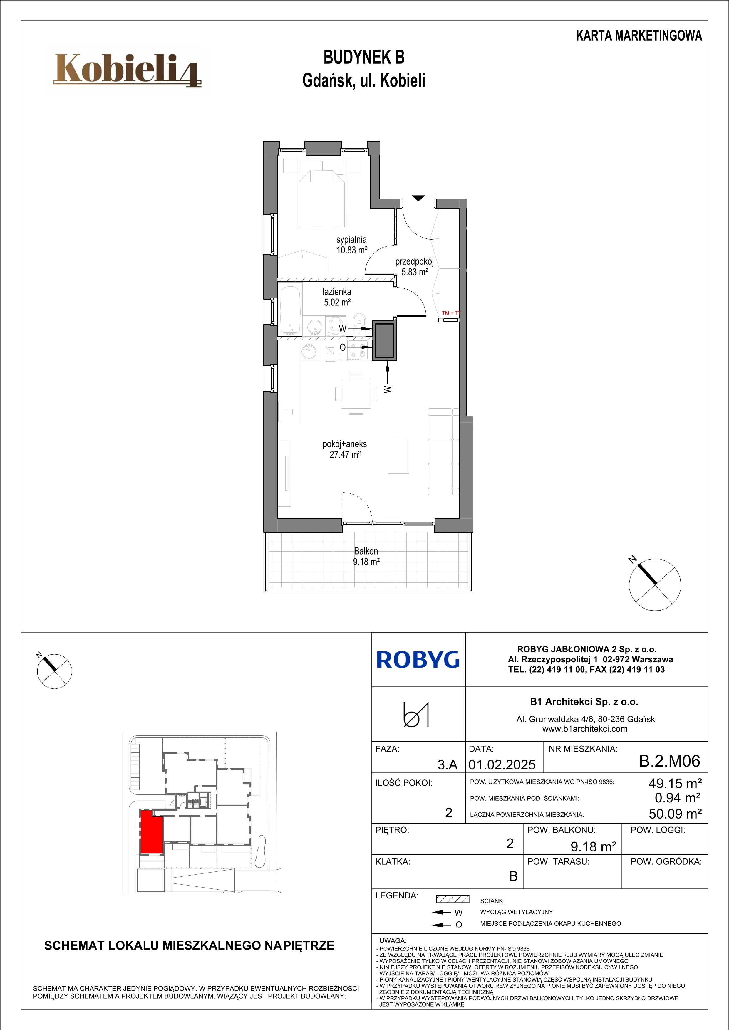 2 pokoje, mieszkanie 49,15 m², piętro 2, oferta nr B.2M06, KOBIELI 4, Gdańsk, Brzeźno, ul. Bogumiła Kobieli / Gdańska