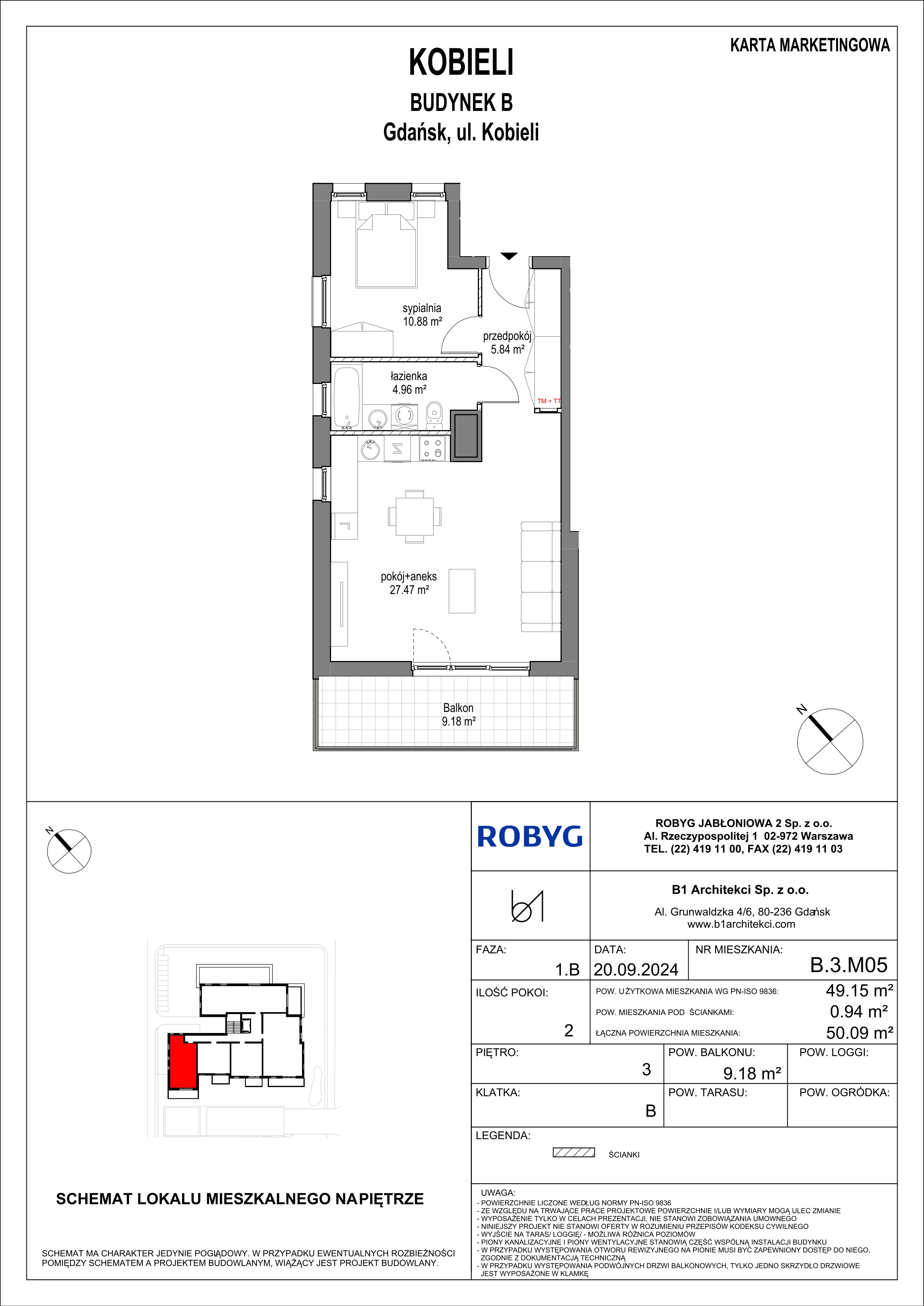 2 pokoje, mieszkanie 49,15 m², piętro 3, oferta nr B.3M05, KOBIELI 4, Gdańsk, Brzeźno, ul. Bogumiła Kobieli / Gdańska