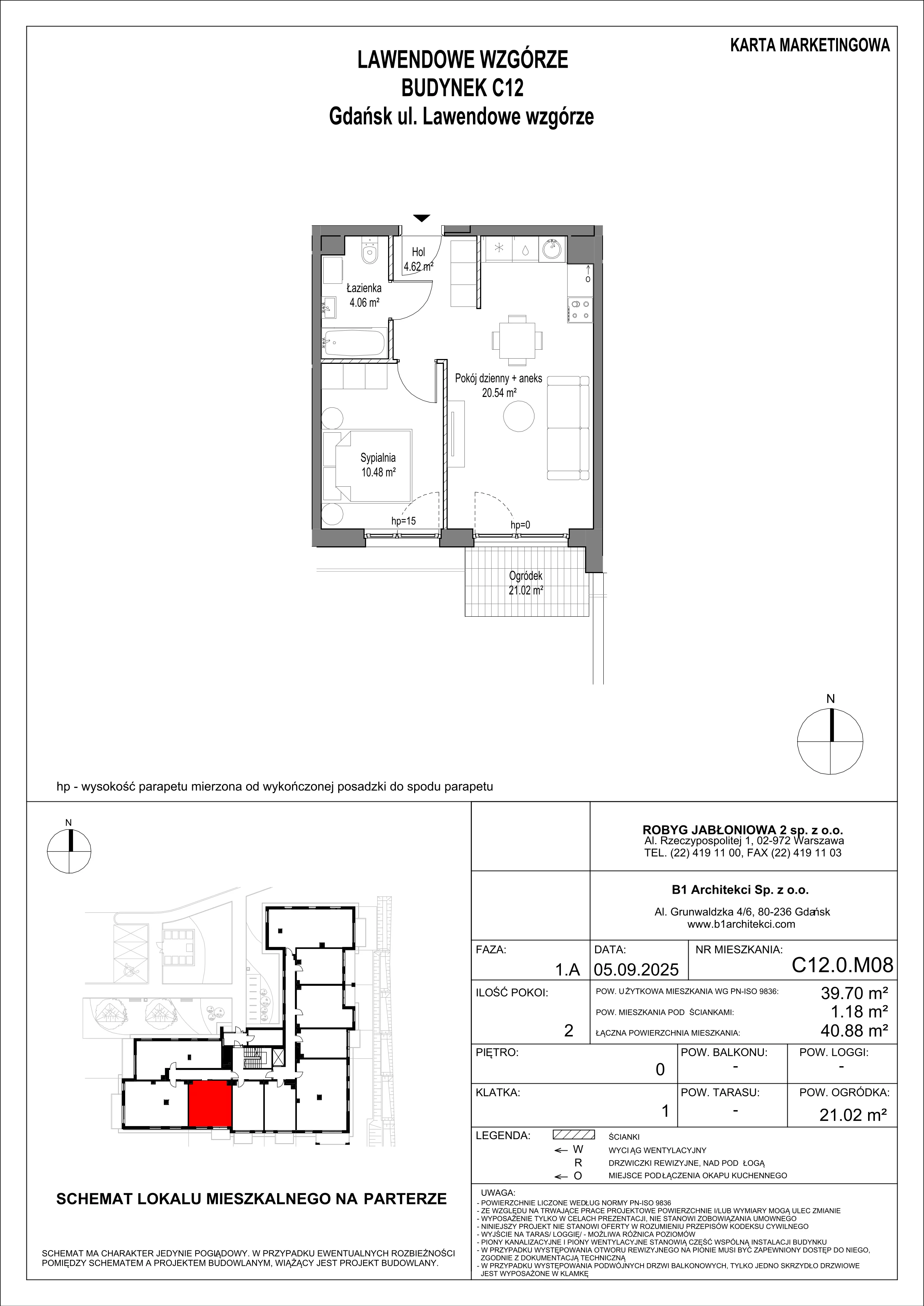 2 pokoje, mieszkanie 39,70 m², parter, oferta nr C12.0M08, Lawendowe Wzgórza, Gdańsk, Jasień, ul. Lawendowe Wzgórze