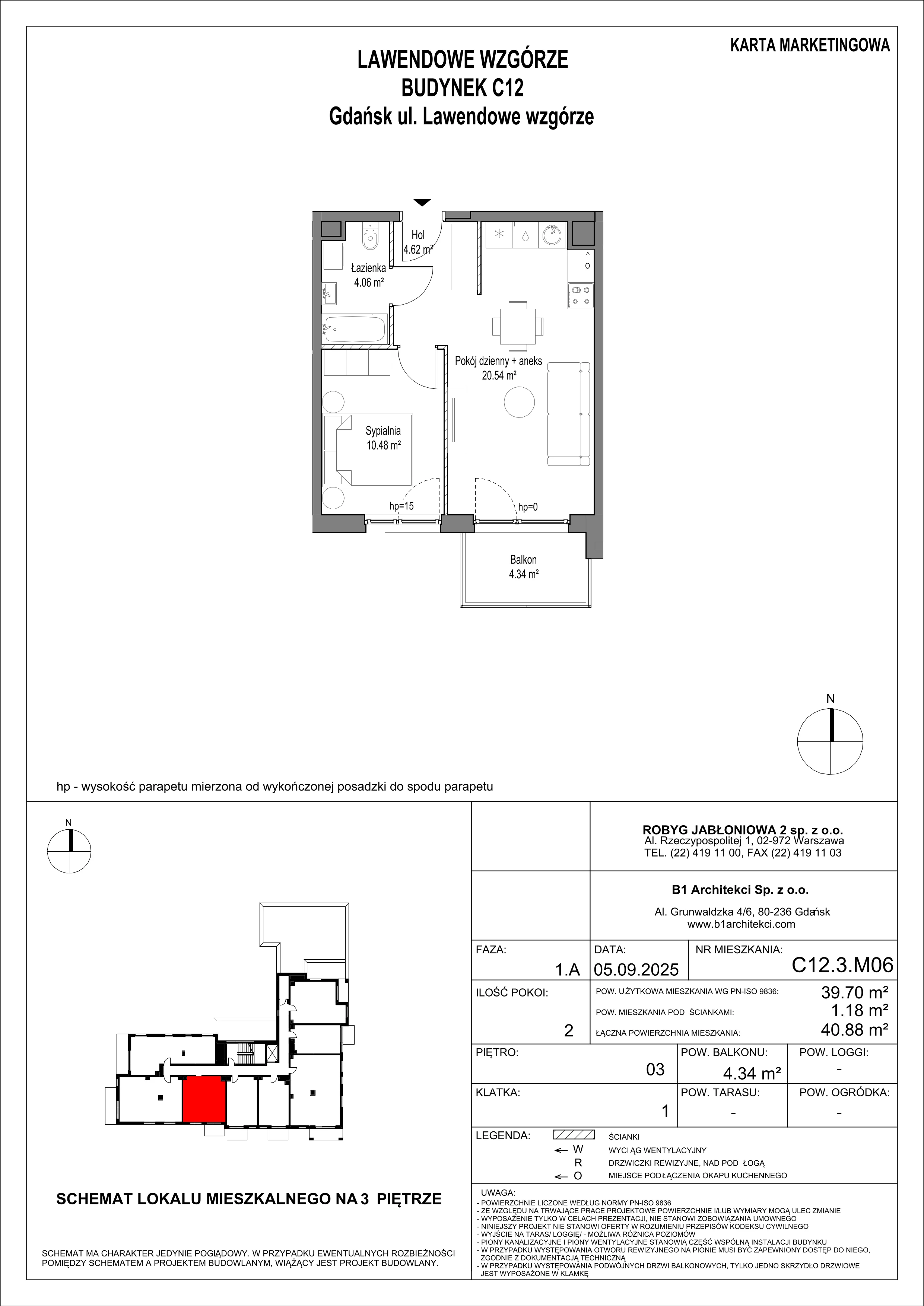 2 pokoje, mieszkanie 39,70 m², piętro 3, oferta nr C12.3M06, Lawendowe Wzgórza, Gdańsk, Jasień, ul. Lawendowe Wzgórze
