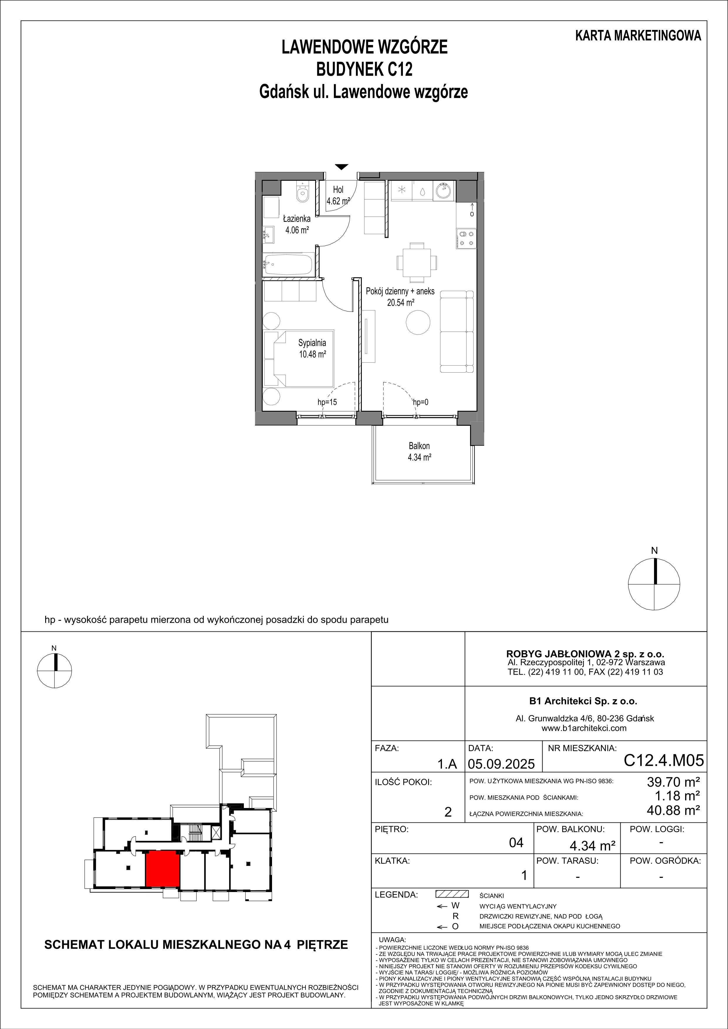2 pokoje, mieszkanie 39,70 m², piętro 4, oferta nr C12.4M05, Lawendowe Wzgórza, Gdańsk, Jasień, ul. Lawendowe Wzgórze