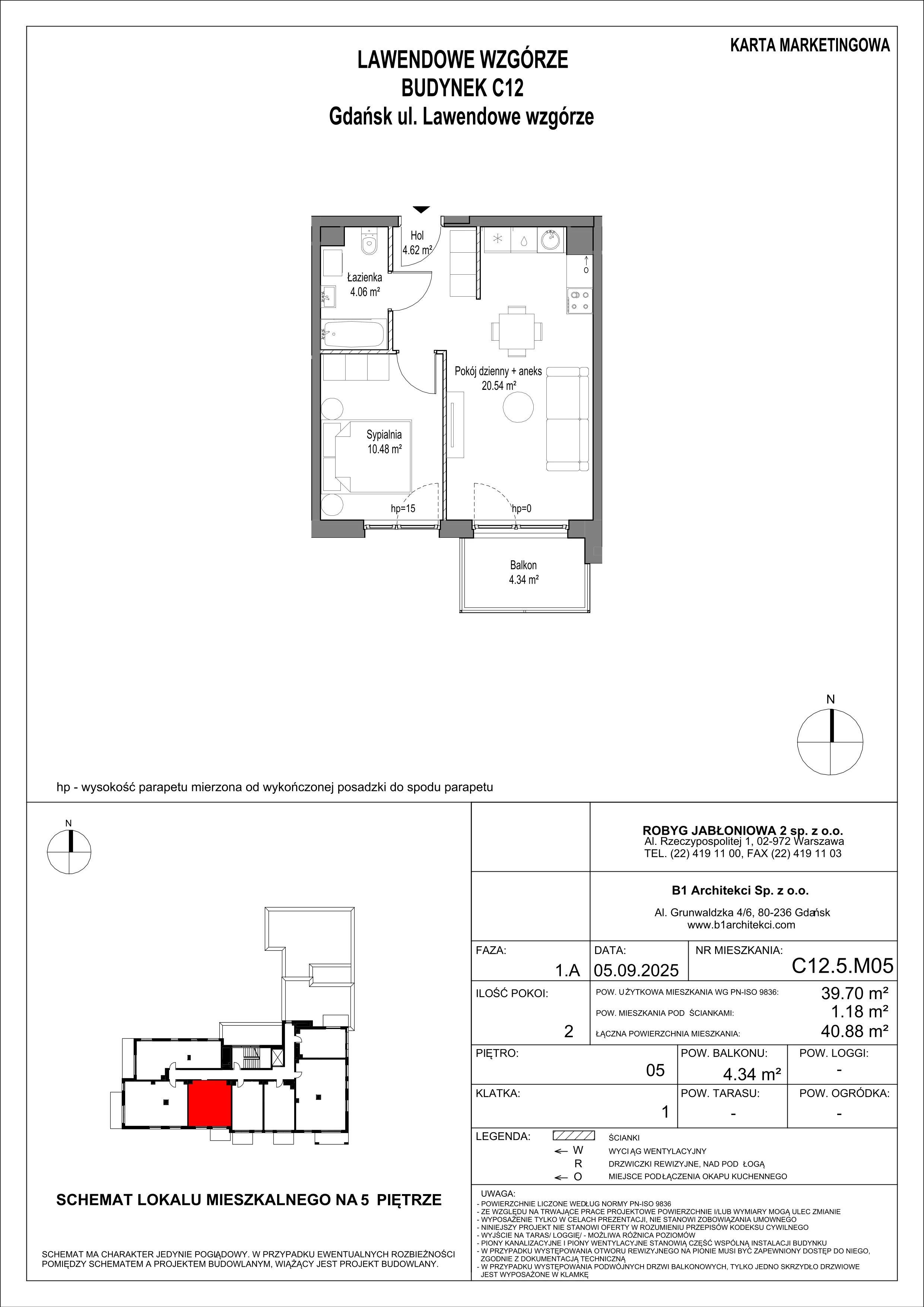 2 pokoje, mieszkanie 39,70 m², piętro 5, oferta nr C12.5M05, Lawendowe Wzgórza, Gdańsk, Jasień, ul. Lawendowe Wzgórze
