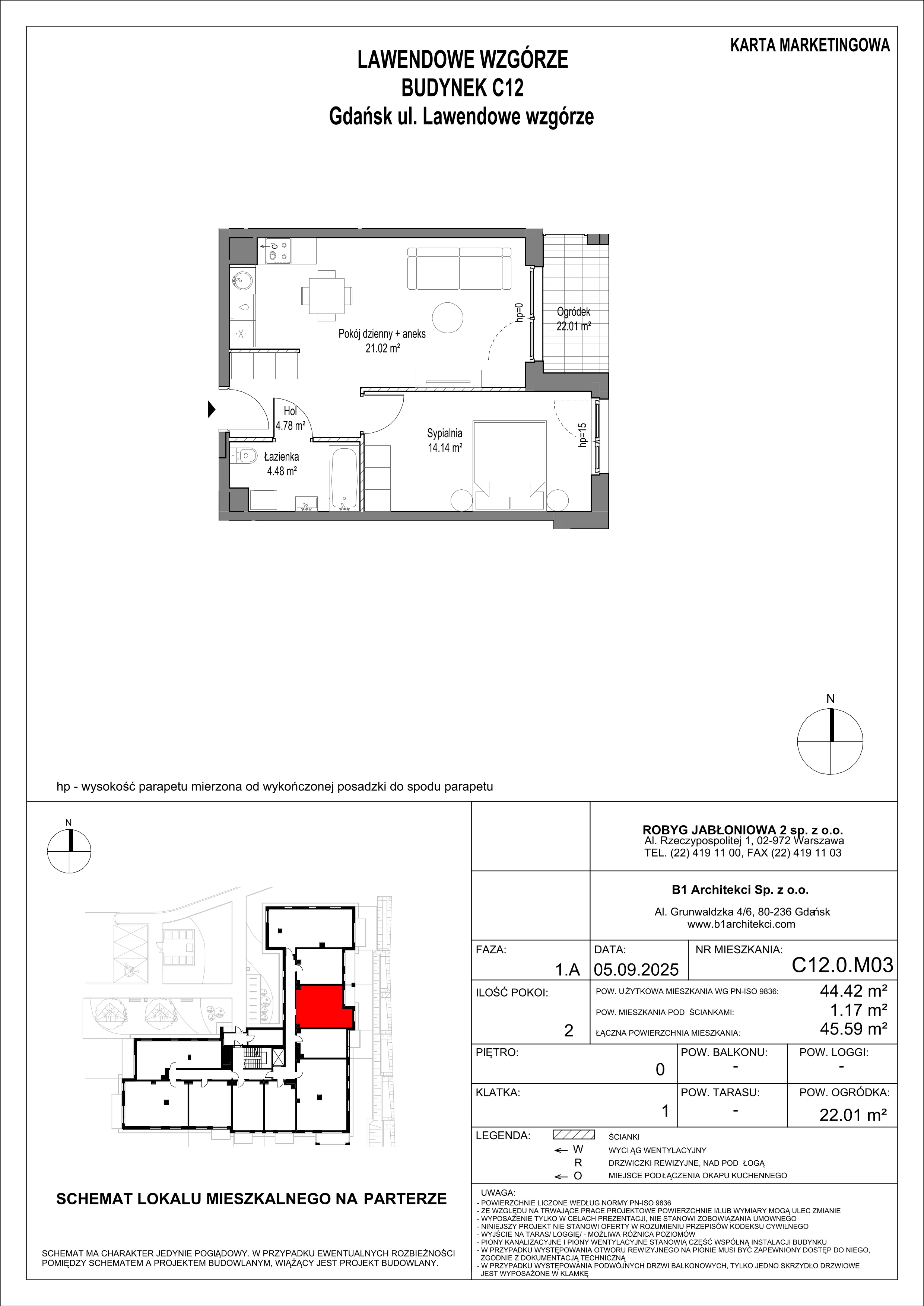 2 pokoje, mieszkanie 44,41 m², parter, oferta nr C12.0M03, Lawendowe Wzgórza, Gdańsk, Jasień, ul. Lawendowe Wzgórze