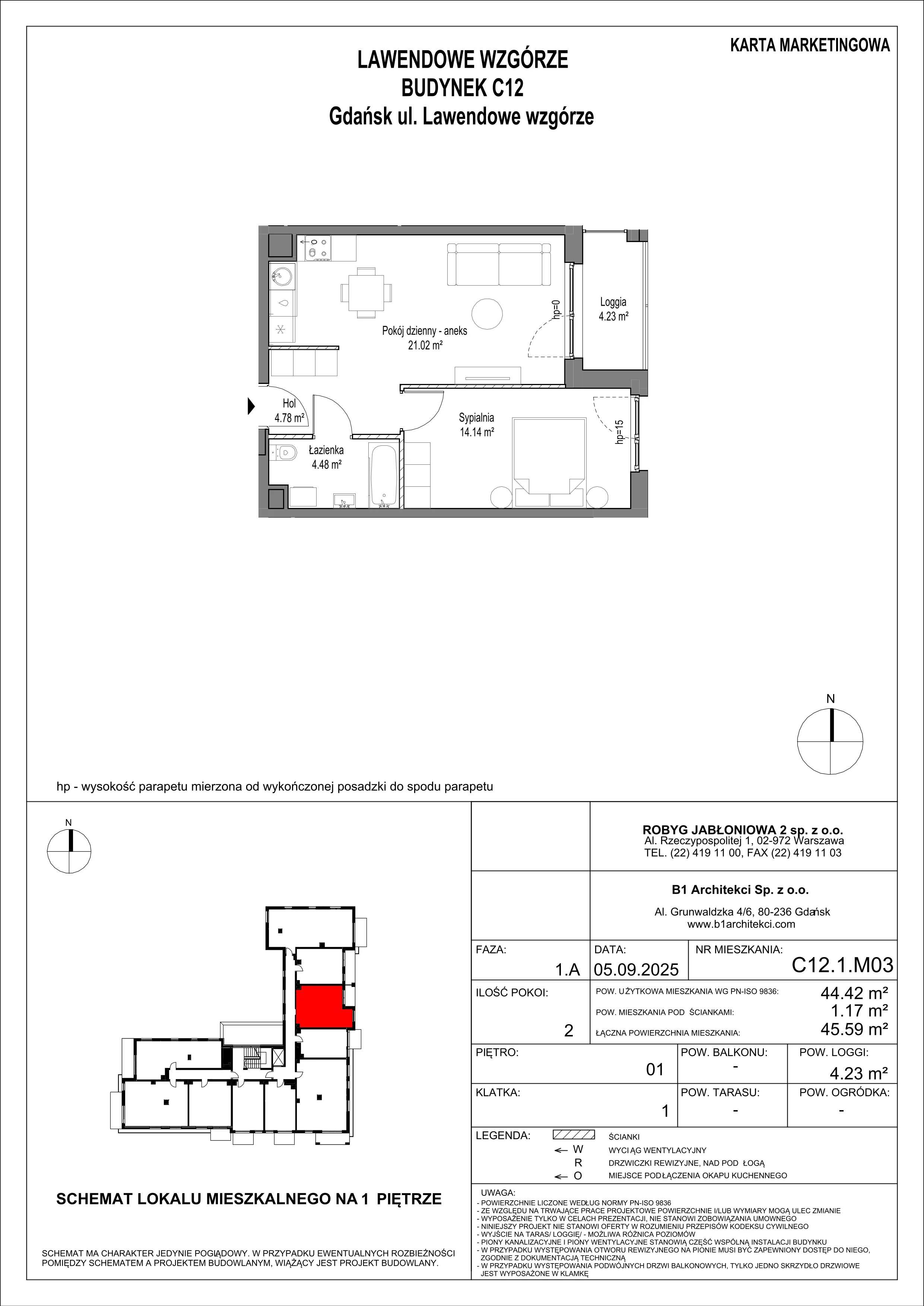 2 pokoje, mieszkanie 44,41 m², piętro 1, oferta nr C12.1M03, Lawendowe Wzgórza, Gdańsk, Jasień, ul. Lawendowe Wzgórze