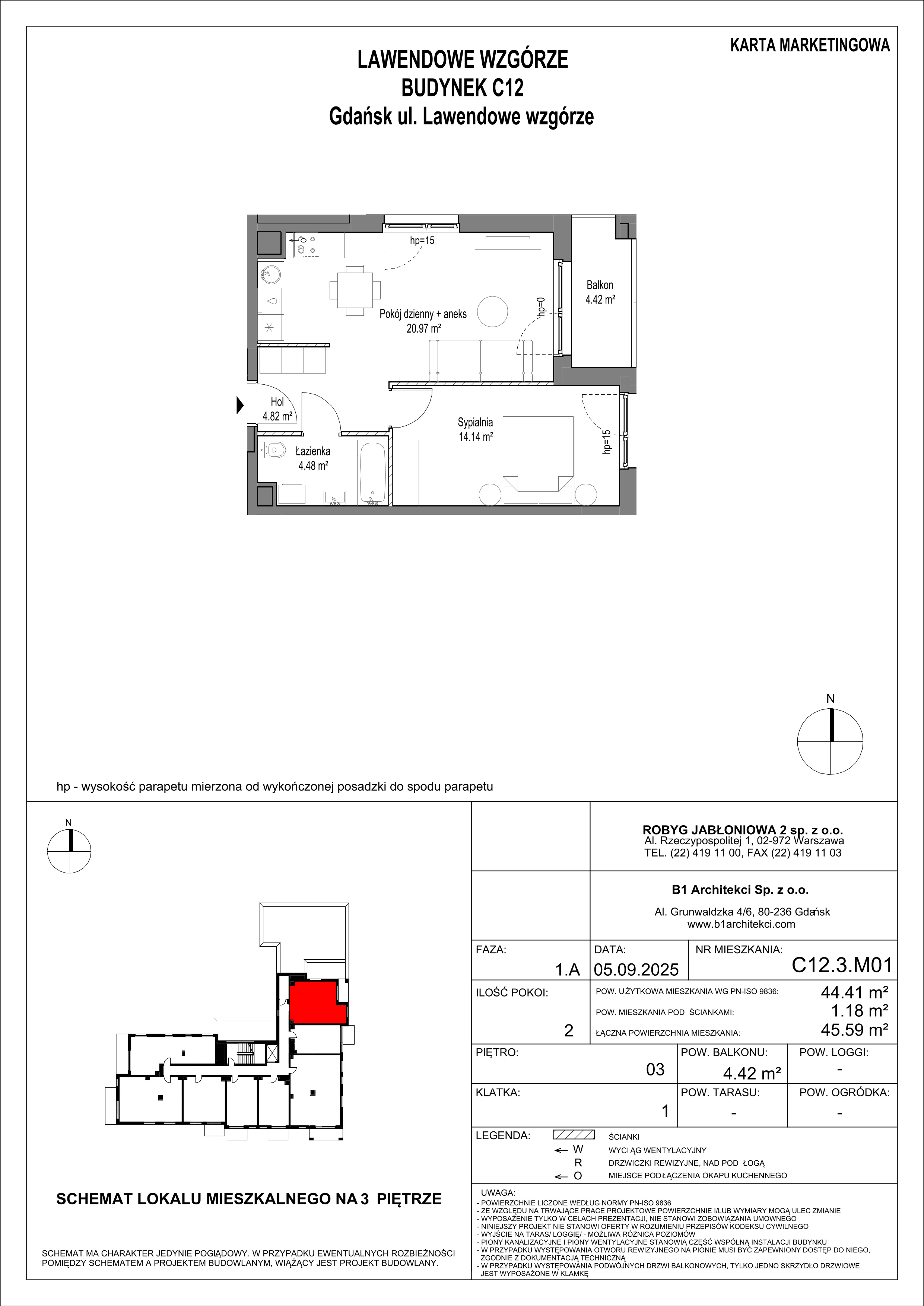 2 pokoje, mieszkanie 44,41 m², piętro 3, oferta nr C12.3M01, Lawendowe Wzgórza, Gdańsk, Jasień, ul. Lawendowe Wzgórze