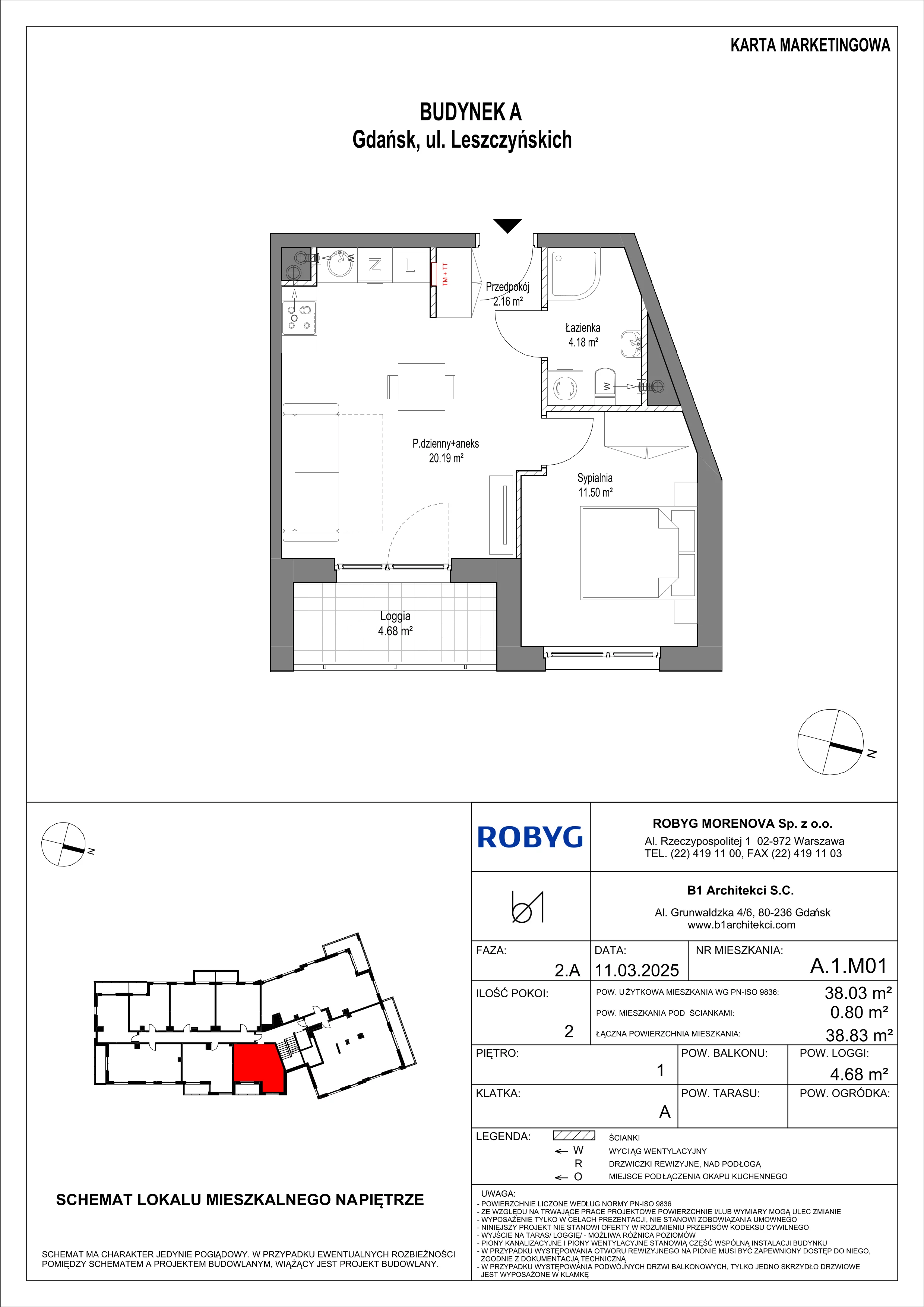 2 pokoje, mieszkanie 38,03 m², piętro 1, oferta nr A.1M01, Leszczyńskich 2, Gdańsk, Zaspa, Zaspa-Rozstaje, ul. Leszczyńskich 2