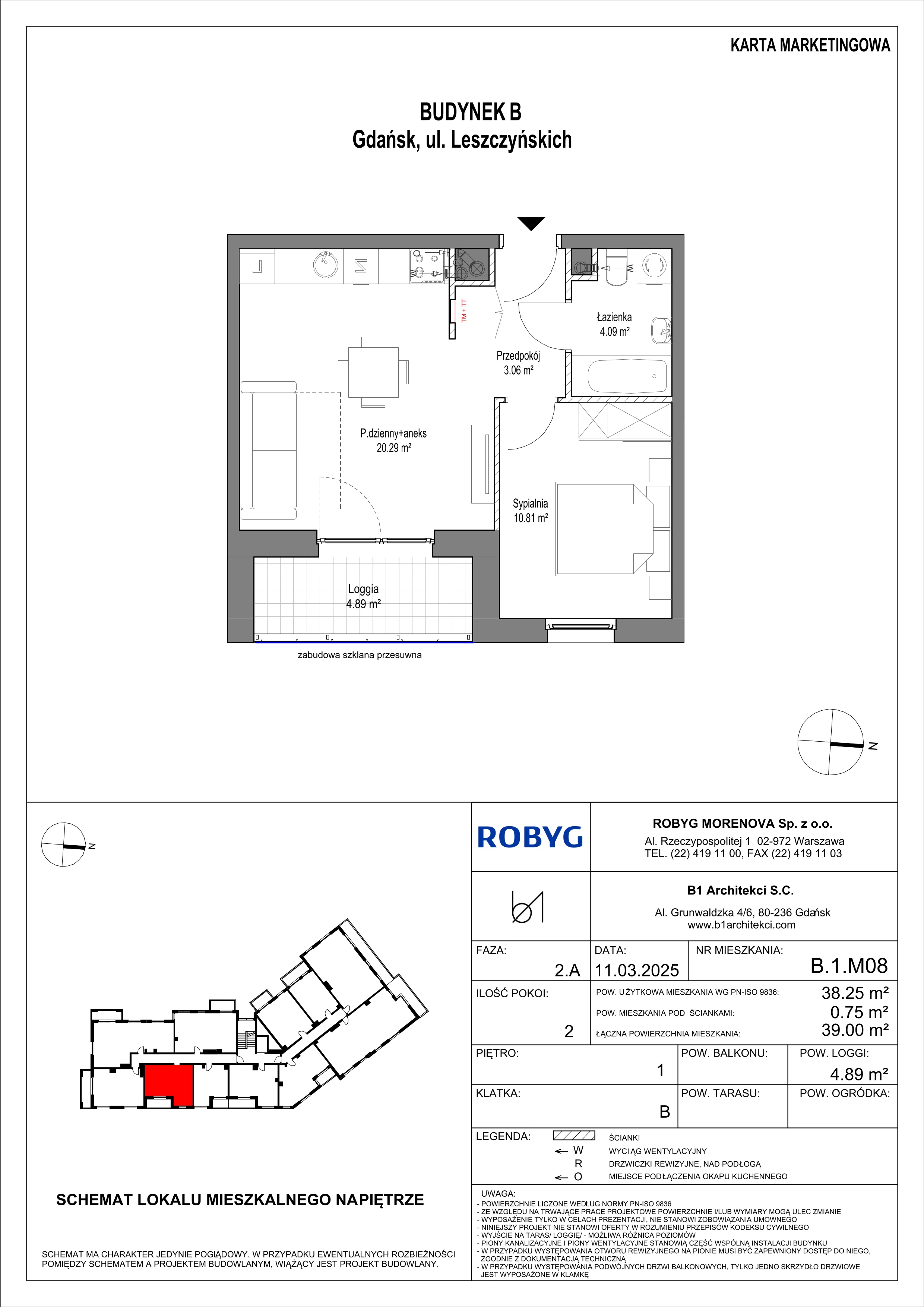 2 pokoje, mieszkanie 38,25 m², piętro 1, oferta nr B.1M08, Leszczyńskich 2, Gdańsk, Zaspa, Zaspa-Rozstaje, ul. Leszczyńskich 2