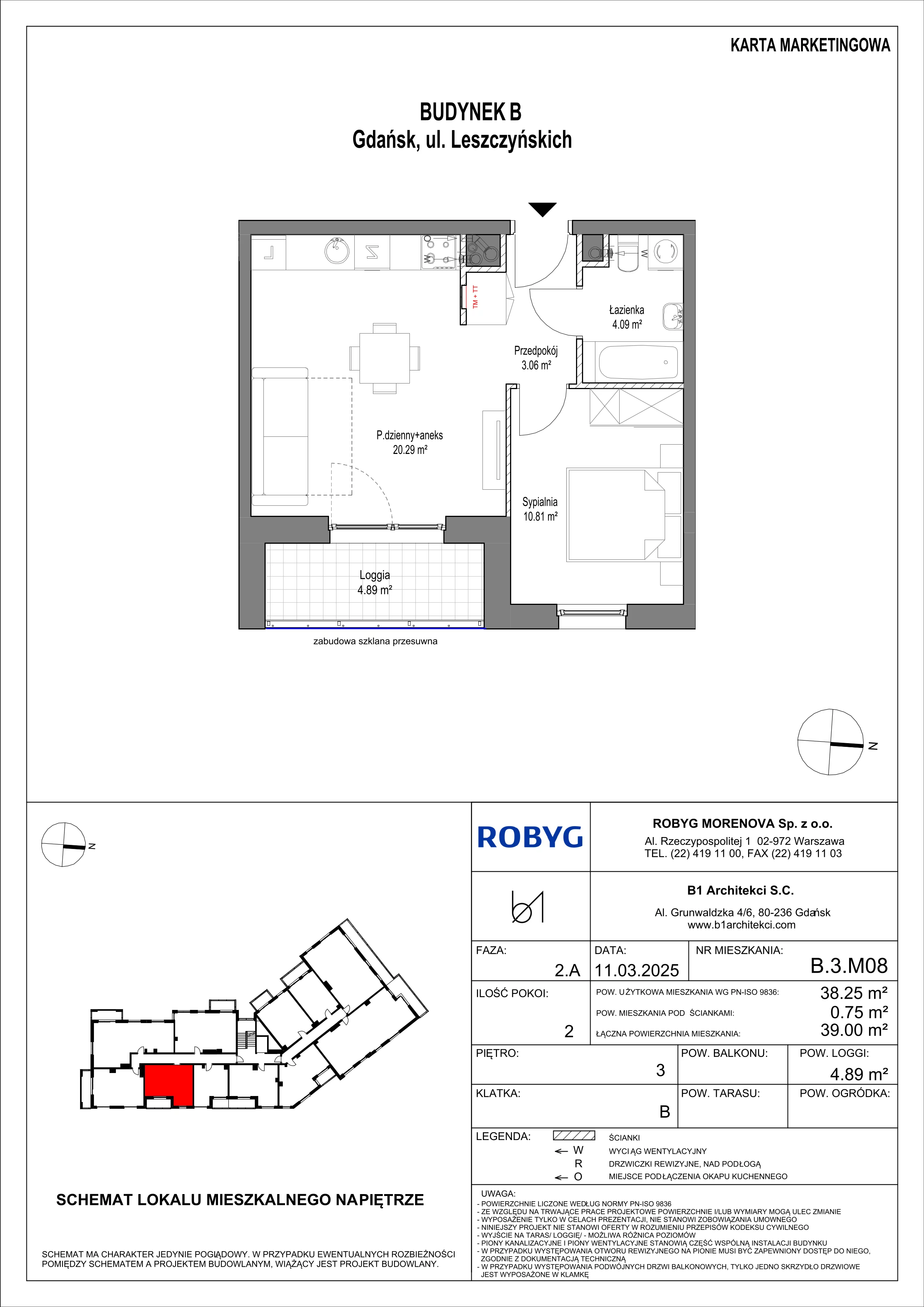 2 pokoje, mieszkanie 38,25 m², piętro 3, oferta nr B.3M08, Leszczyńskich 2, Gdańsk, Zaspa, Zaspa-Rozstaje, ul. Leszczyńskich 2