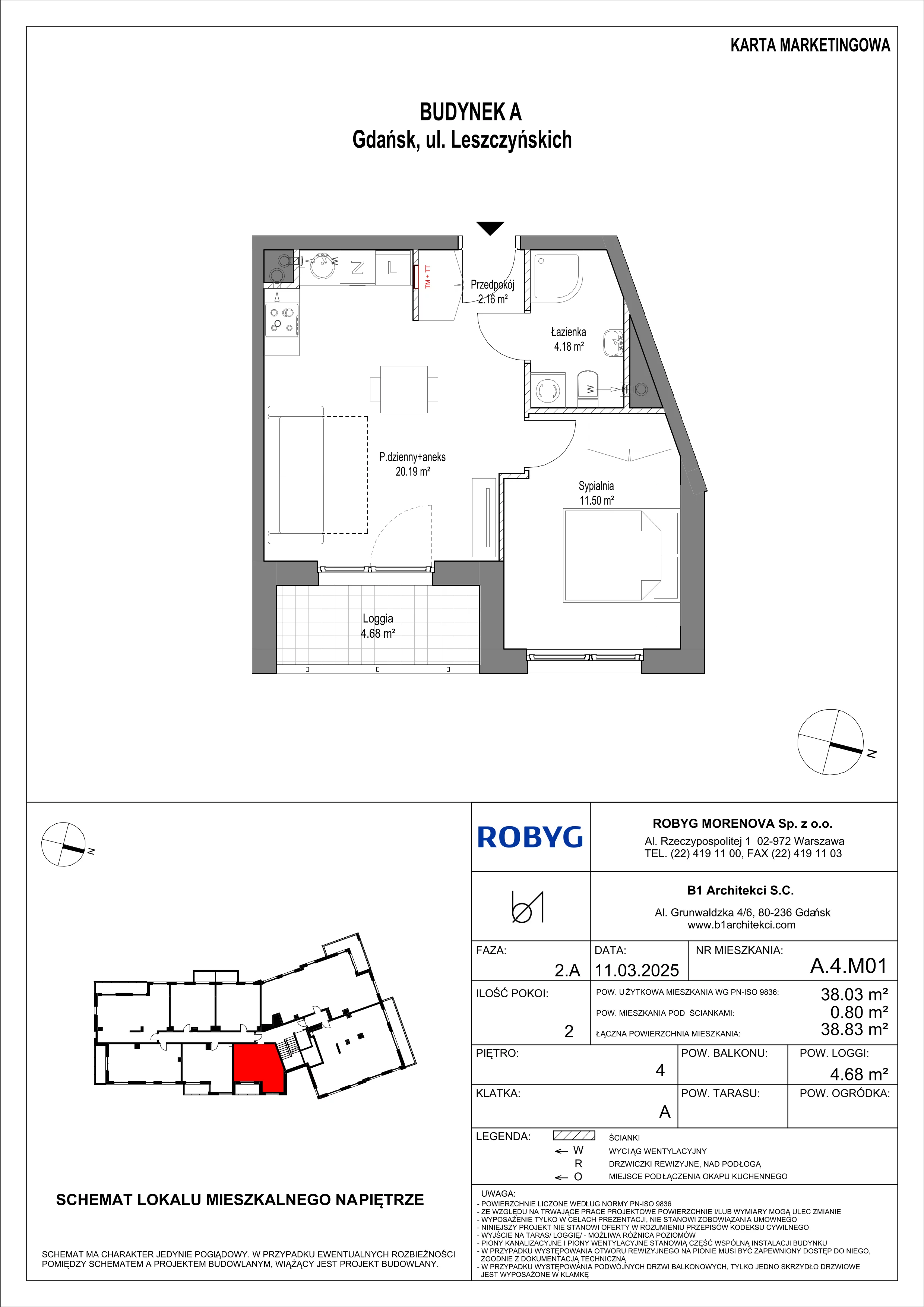 2 pokoje, mieszkanie 38,03 m², piętro 4, oferta nr A.4M01, Leszczyńskich 2, Gdańsk, Zaspa, Zaspa-Rozstaje, ul. Leszczyńskich 2