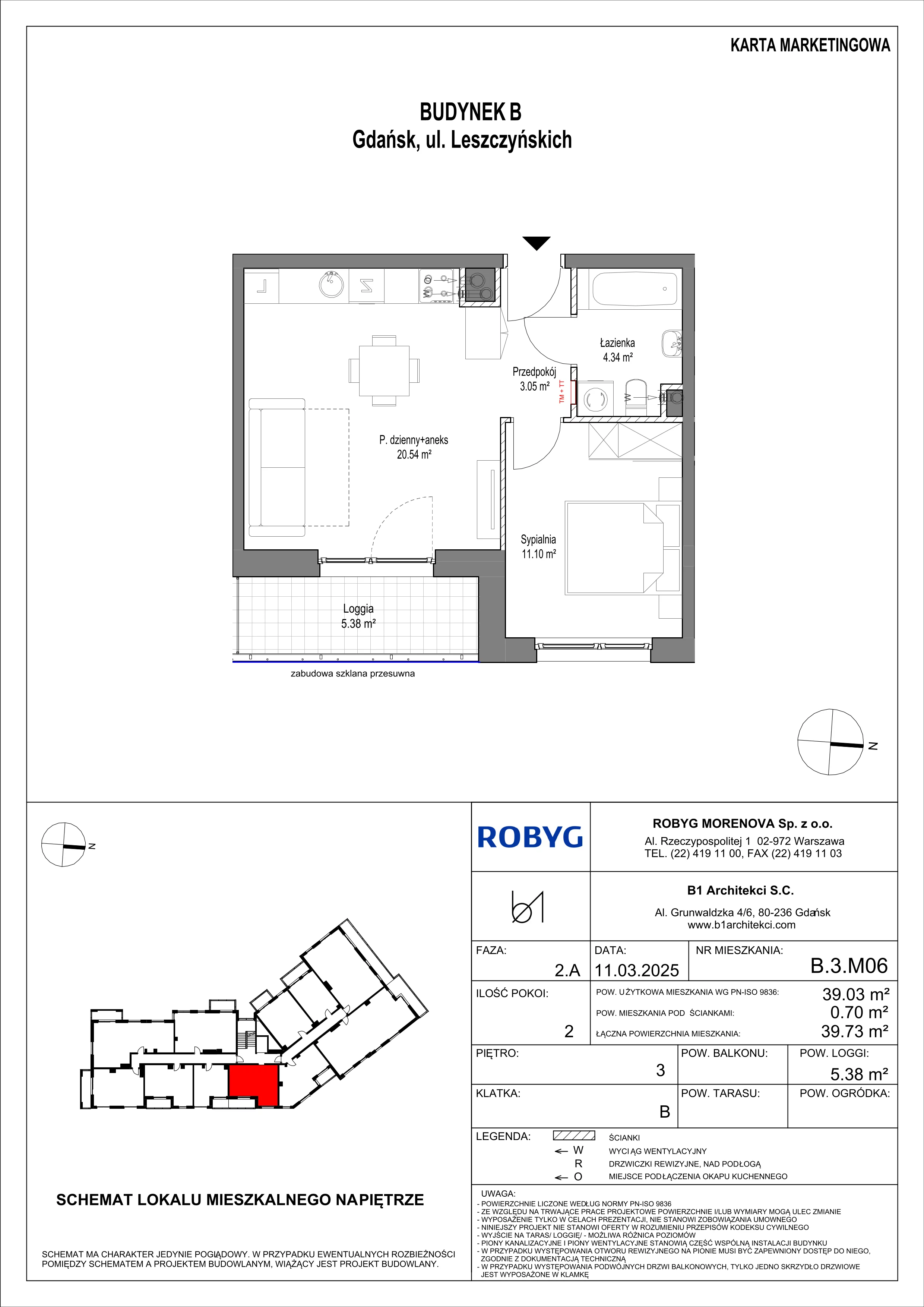 2 pokoje, mieszkanie 39,03 m², piętro 3, oferta nr B.3M06, Leszczyńskich 2, Gdańsk, Zaspa, Zaspa-Rozstaje, ul. Leszczyńskich 2