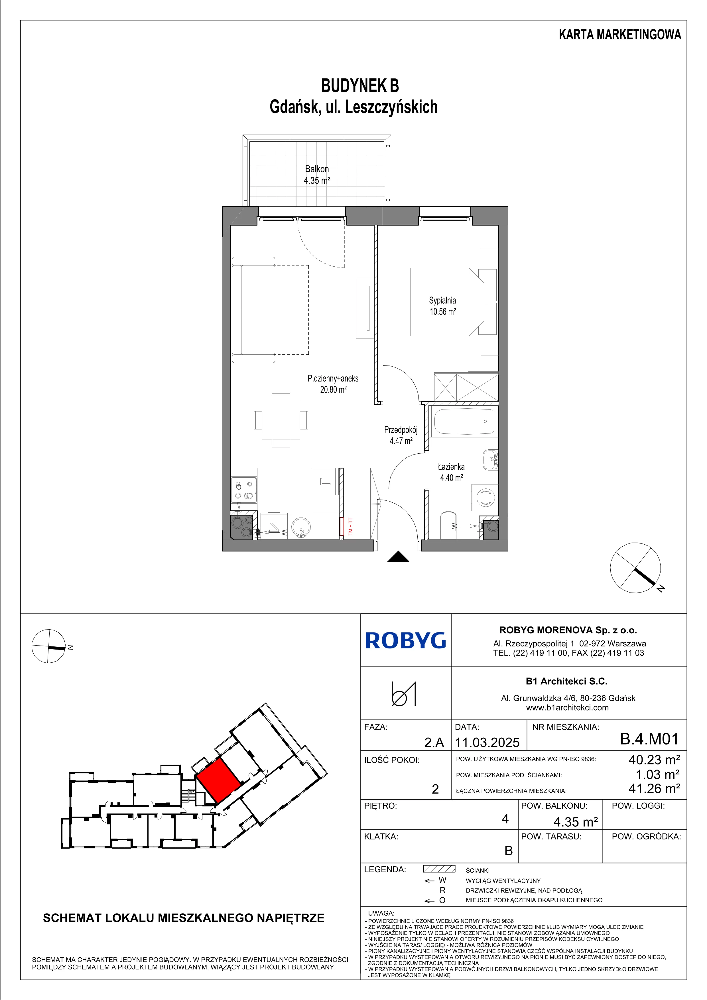 2 pokoje, mieszkanie 40,23 m², piętro 4, oferta nr B.4M01, Leszczyńskich 2, Gdańsk, Zaspa, Zaspa-Rozstaje, ul. Leszczyńskich 2