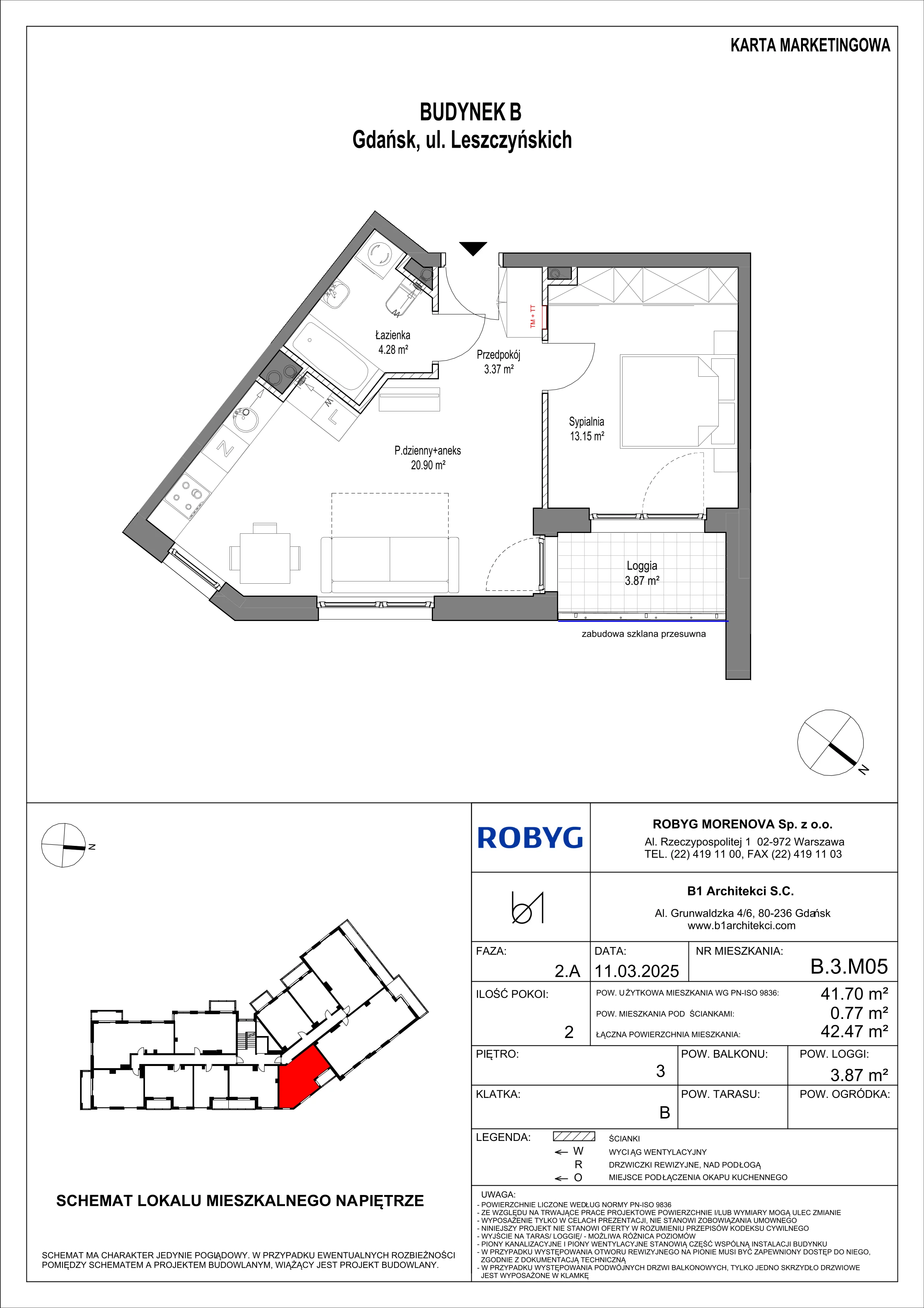 2 pokoje, mieszkanie 41,70 m², piętro 3, oferta nr B.3M05, Leszczyńskich 2, Gdańsk, Zaspa, Zaspa-Rozstaje, ul. Leszczyńskich 2