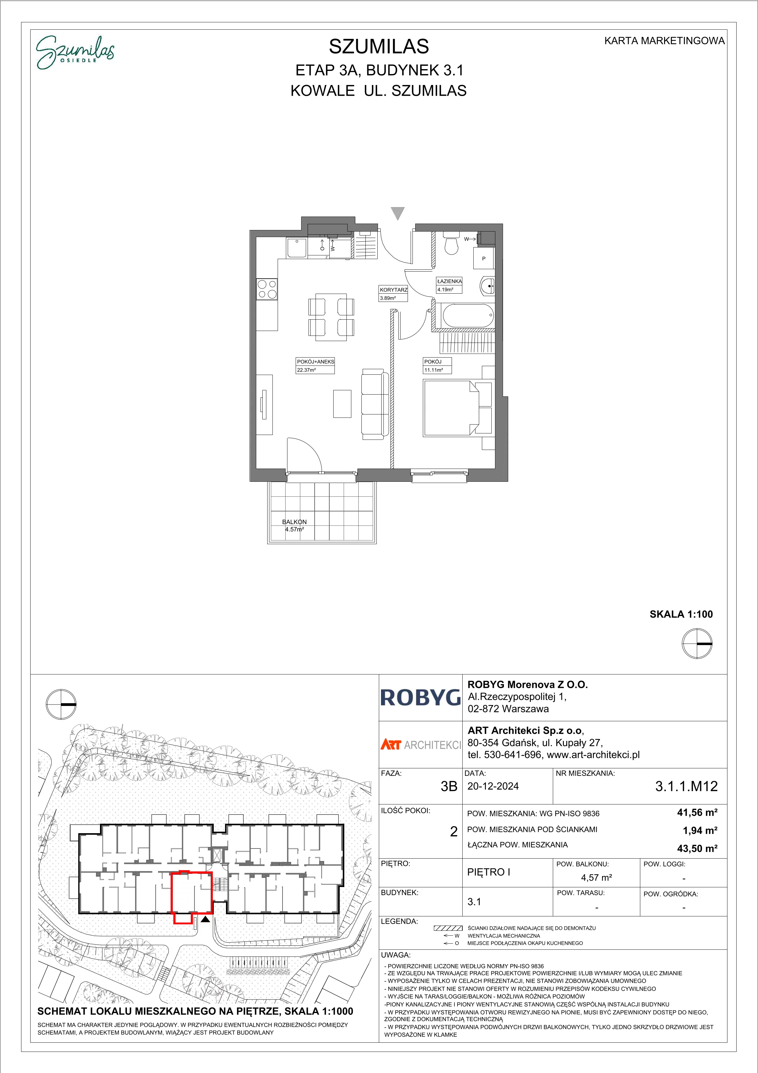 2 pokoje, mieszkanie 41,56 m², piętro 1, oferta nr 3.1.1M12, Szumilas, Kowale, ul. Magazynowa