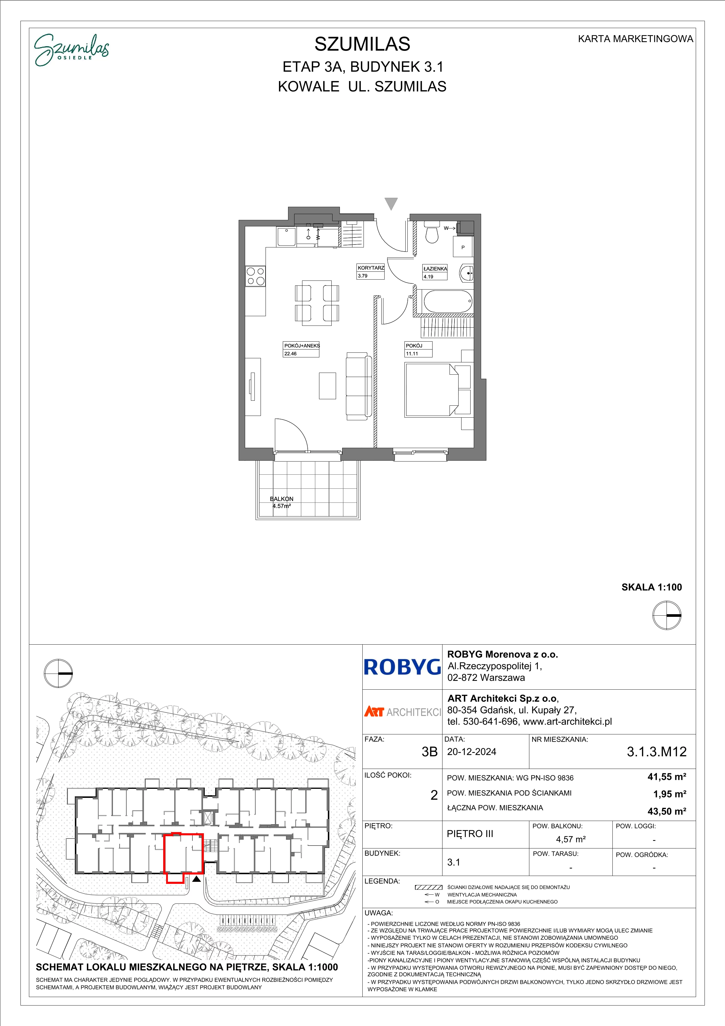 2 pokoje, mieszkanie 41,55 m², piętro 3, oferta nr 3.1.3M12, Szumilas, Kowale, ul. Magazynowa