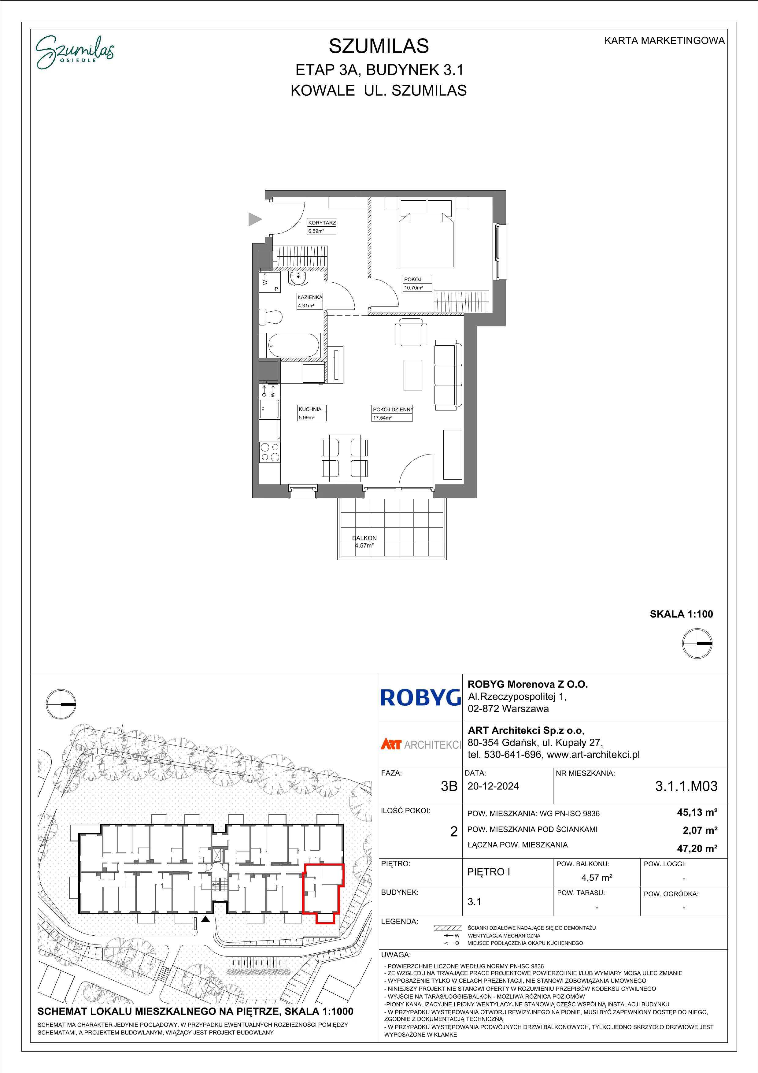2 pokoje, mieszkanie 45,13 m², piętro 1, oferta nr 3.1.1M03, Szumilas, Kowale, ul. Magazynowa