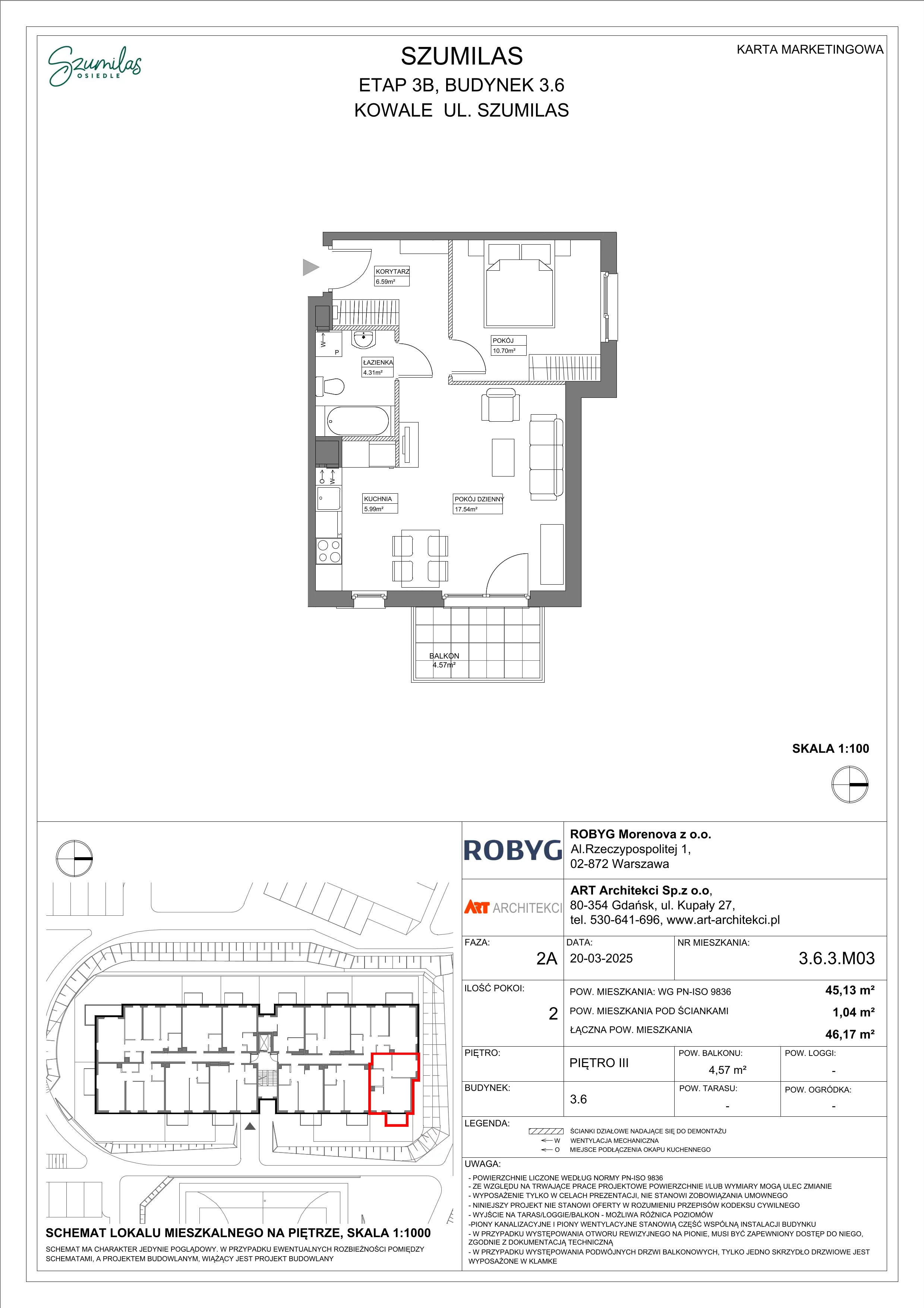 2 pokoje, mieszkanie 45,13 m², piętro 3, oferta nr 3.6.3M03, Szumilas, Kowale, ul. Magazynowa