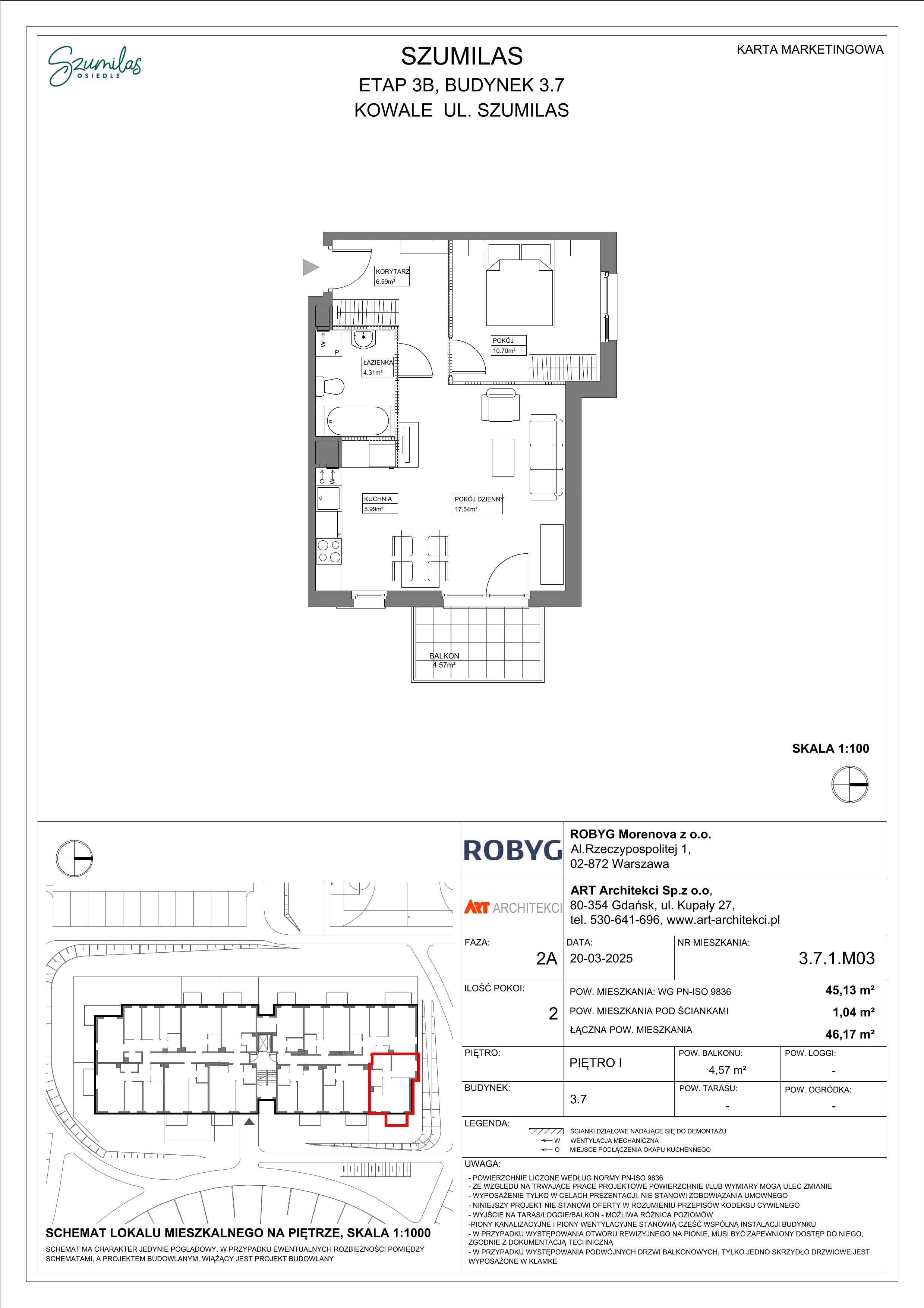 2 pokoje, mieszkanie 45,13 m², piętro 1, oferta nr 3.7.1M03, Szumilas, Kowale, ul. Magazynowa