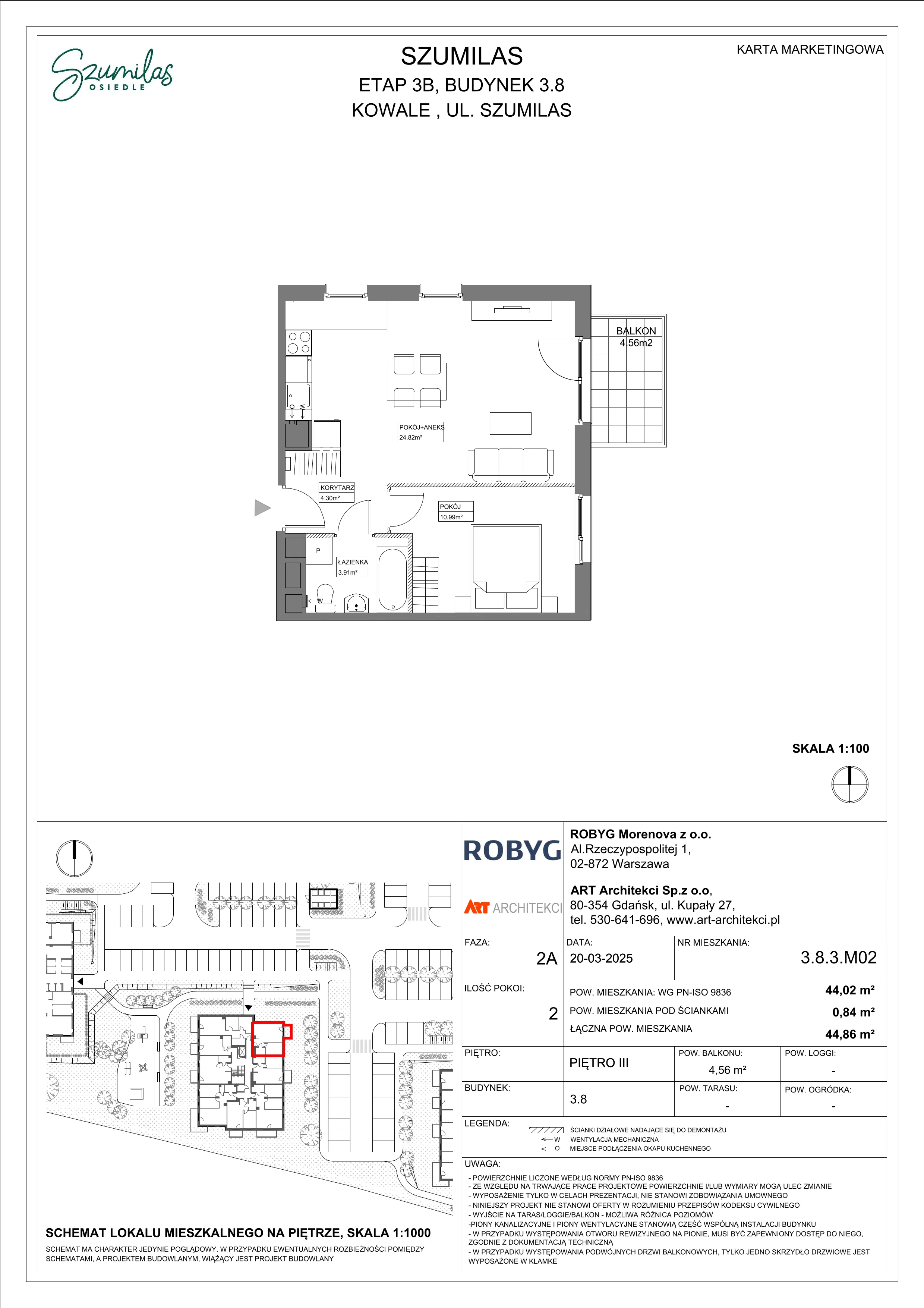 2 pokoje, mieszkanie 44,02 m², piętro 3, oferta nr 3.8.3M02, Szumilas, Kowale, ul. Magazynowa