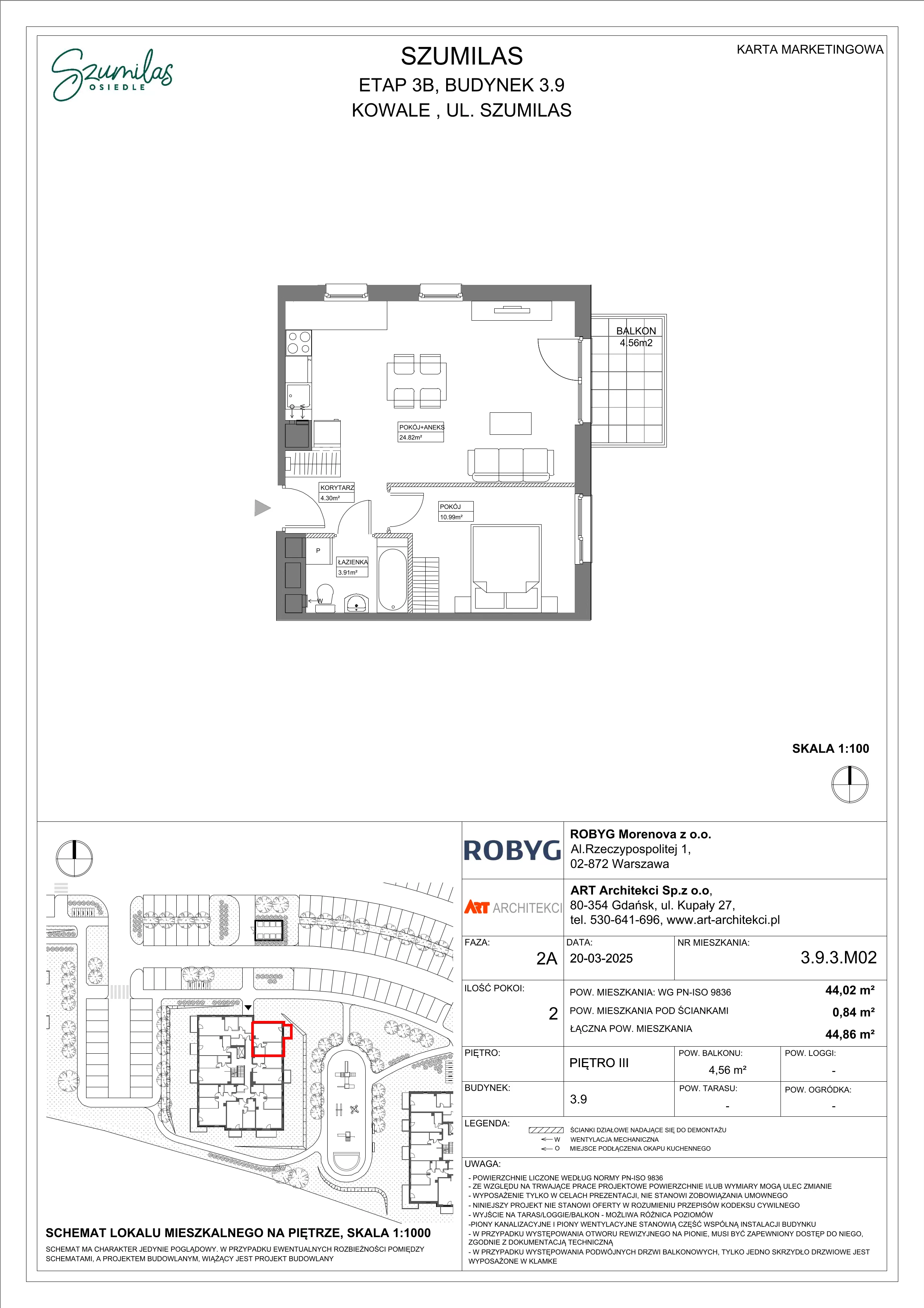 2 pokoje, mieszkanie 44,02 m², piętro 3, oferta nr 3.9.3M02, Szumilas, Kowale, ul. Magazynowa