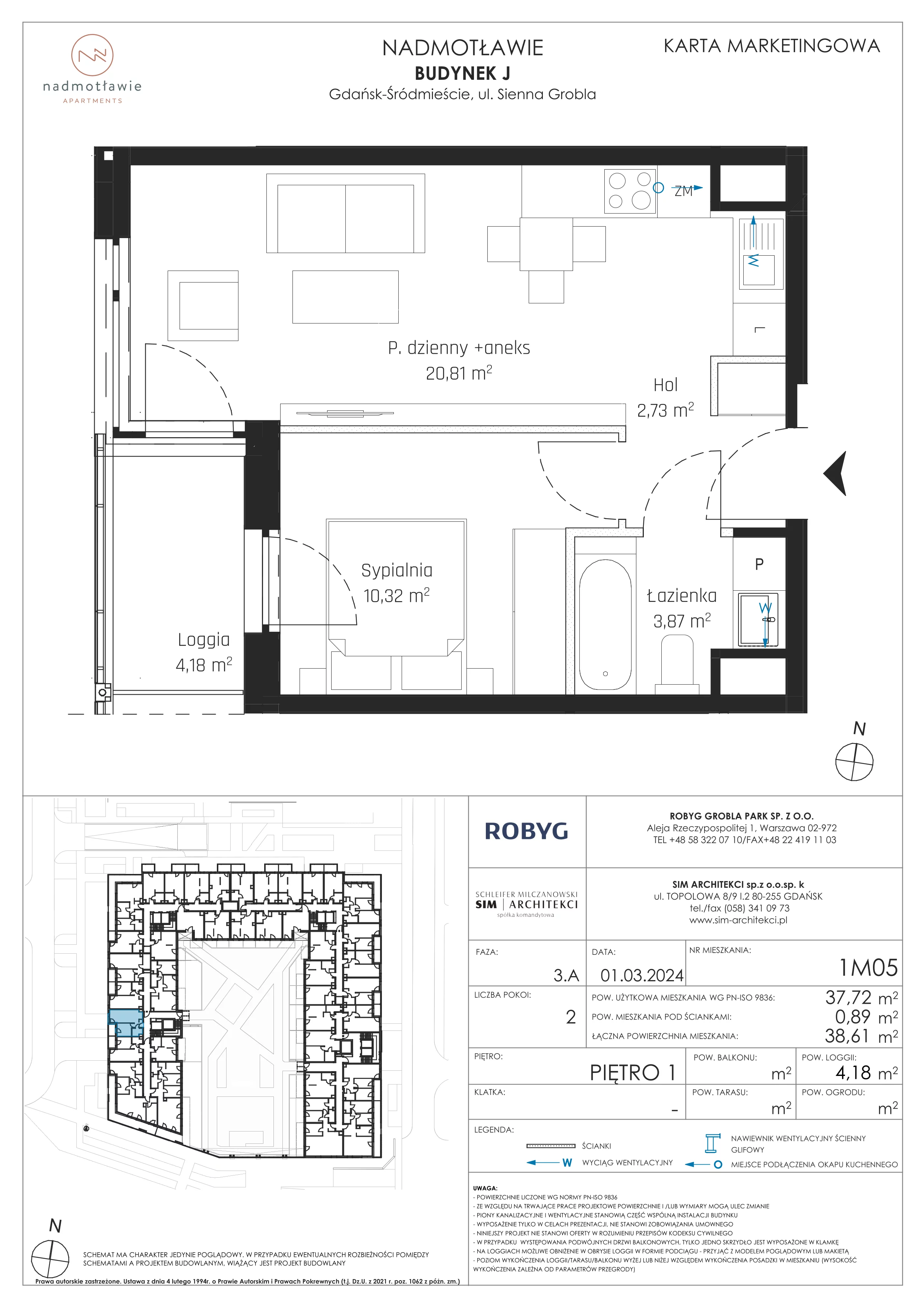 2 pokoje, mieszkanie 37,72 m², piętro 1, oferta nr J.1M05, Nadmotławie Apartments, Gdańsk, Śródmieście, ul. Sienna Grobla