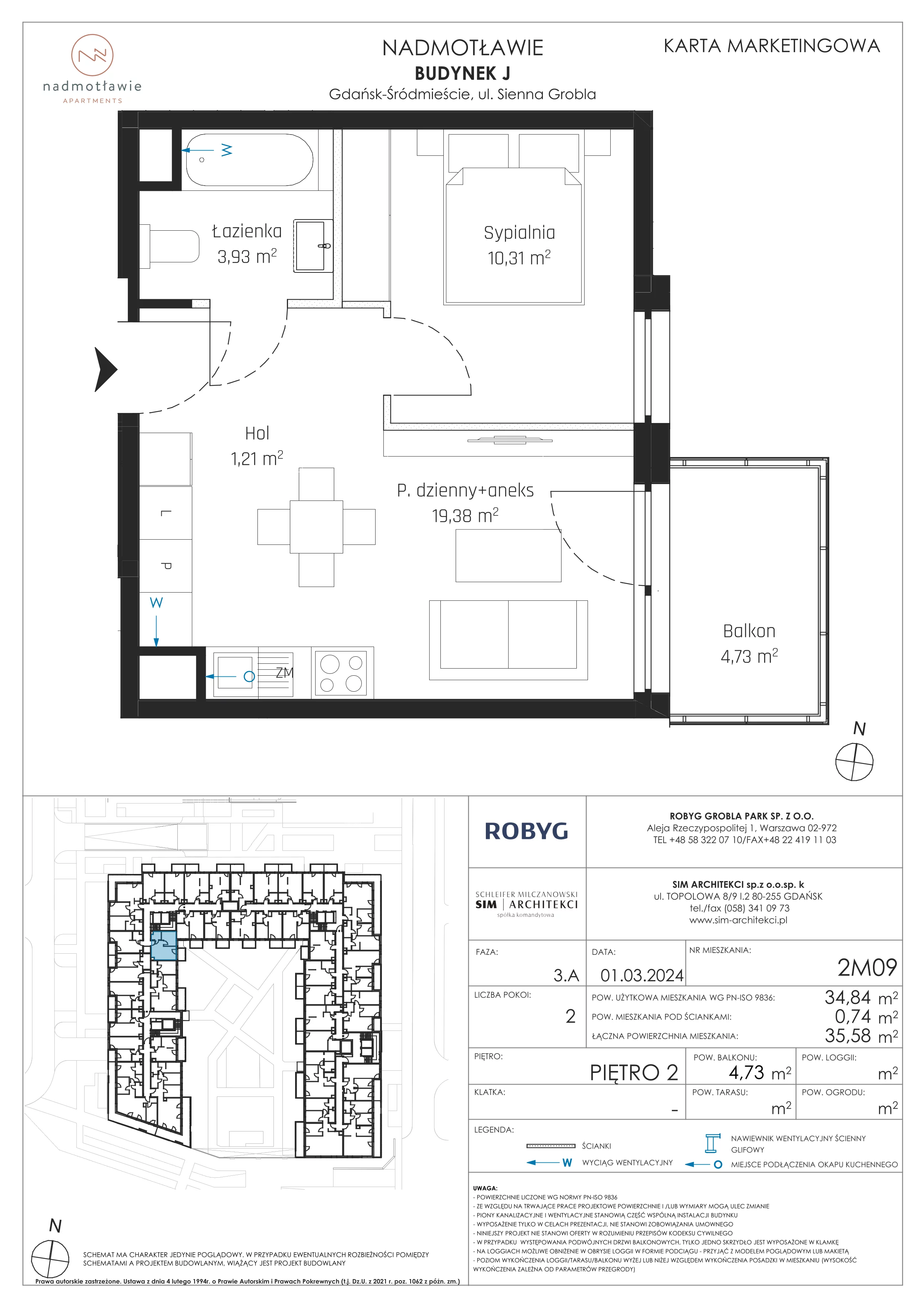 2 pokoje, mieszkanie 34,84 m², piętro 2, oferta nr J.2M09, Nadmotławie Apartments, Gdańsk, Śródmieście, ul. Sienna Grobla